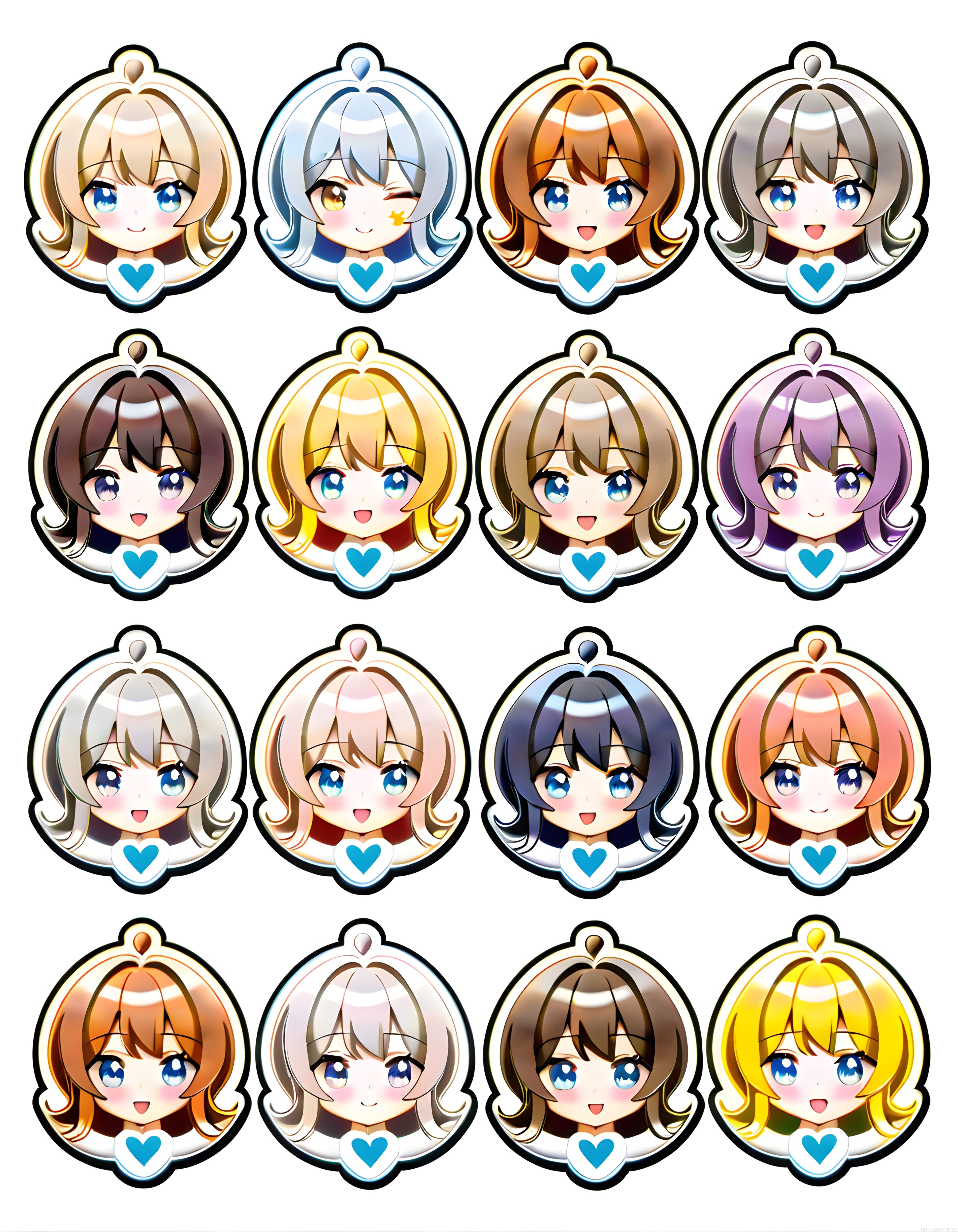 16 Farklı Renkte Sevimli Chibi Anime Kız Karakter Anahtarlık Rozet Seti