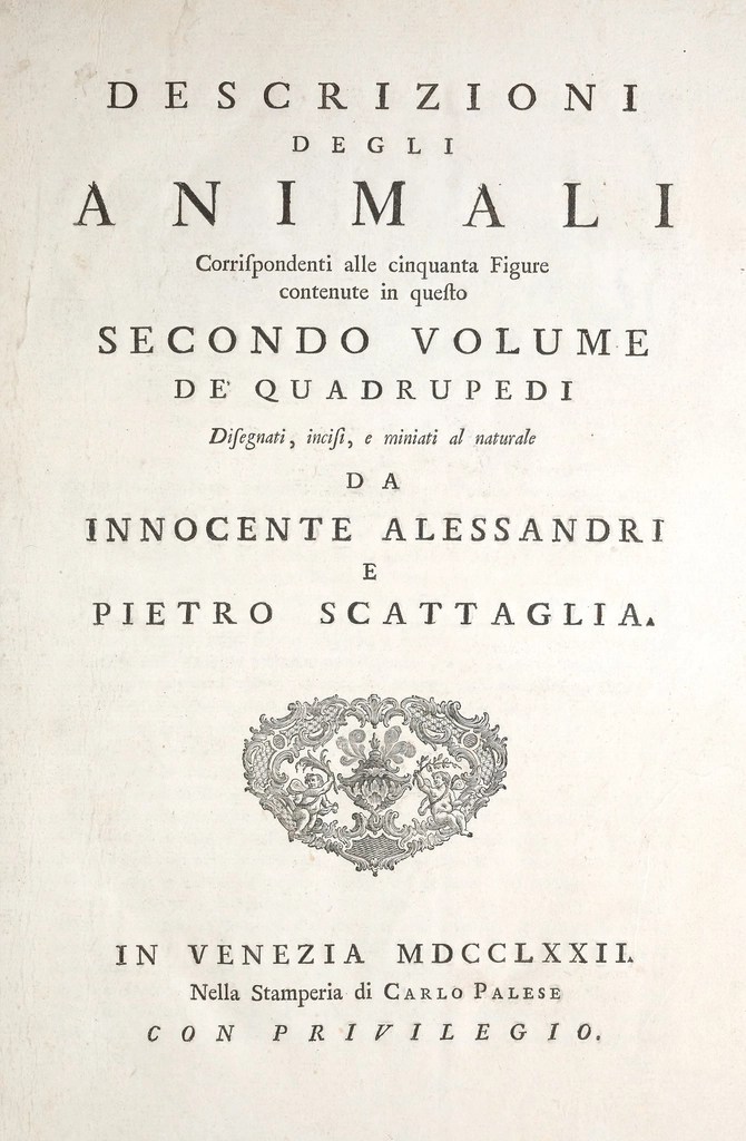 1772 venedik baskısı eski hayvanlar kitabı kapağı ve rokoko süsleme detayları