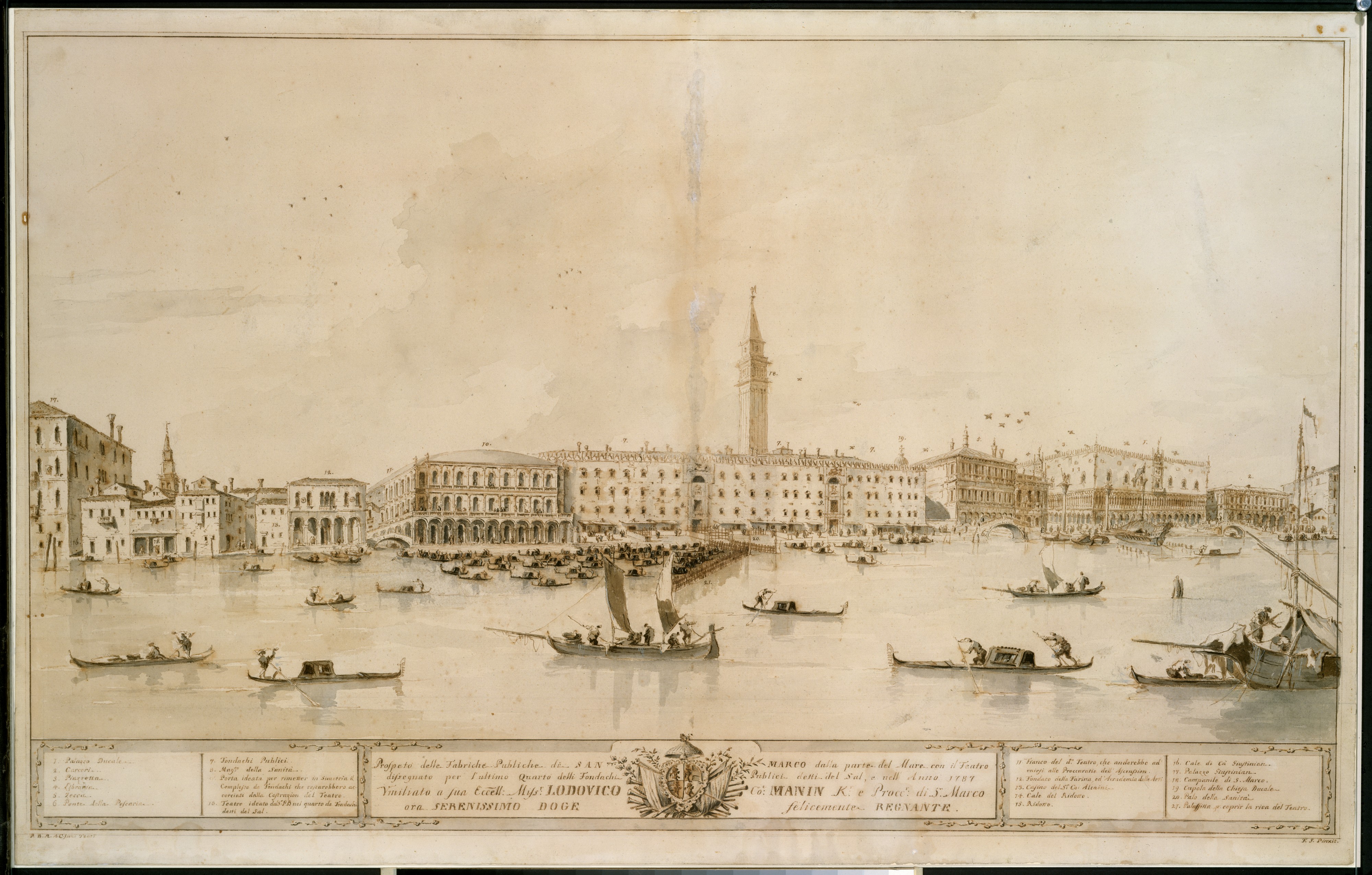 18. yüzyıl Venedik gravürü: San Marco kıyısı, çan kulesi ve gondollarla şehir panoraması