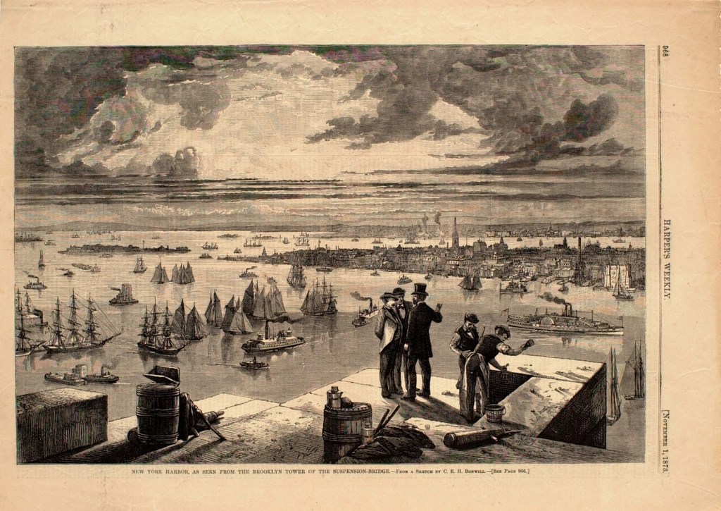 19. yüzyıl New York limanı, Brooklyn Köprüsü kulesinden tarihi gravür manzarası