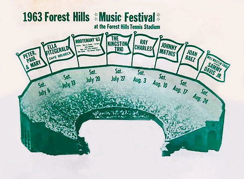 1963 Forest Hills Müzik Festivali Retro Konser Afişi ve Efsanevi Sanatçılar