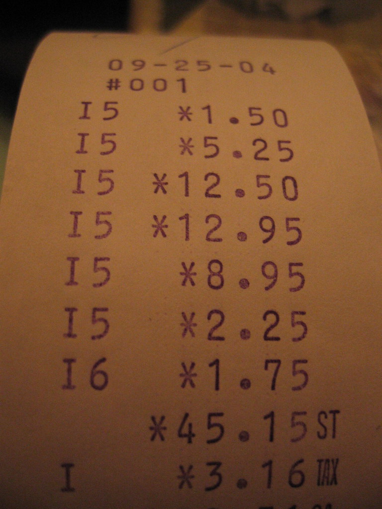 2004 tarihli eski tip restoran hesap fişi termal makbuz detayları vergi ve toplam tutar