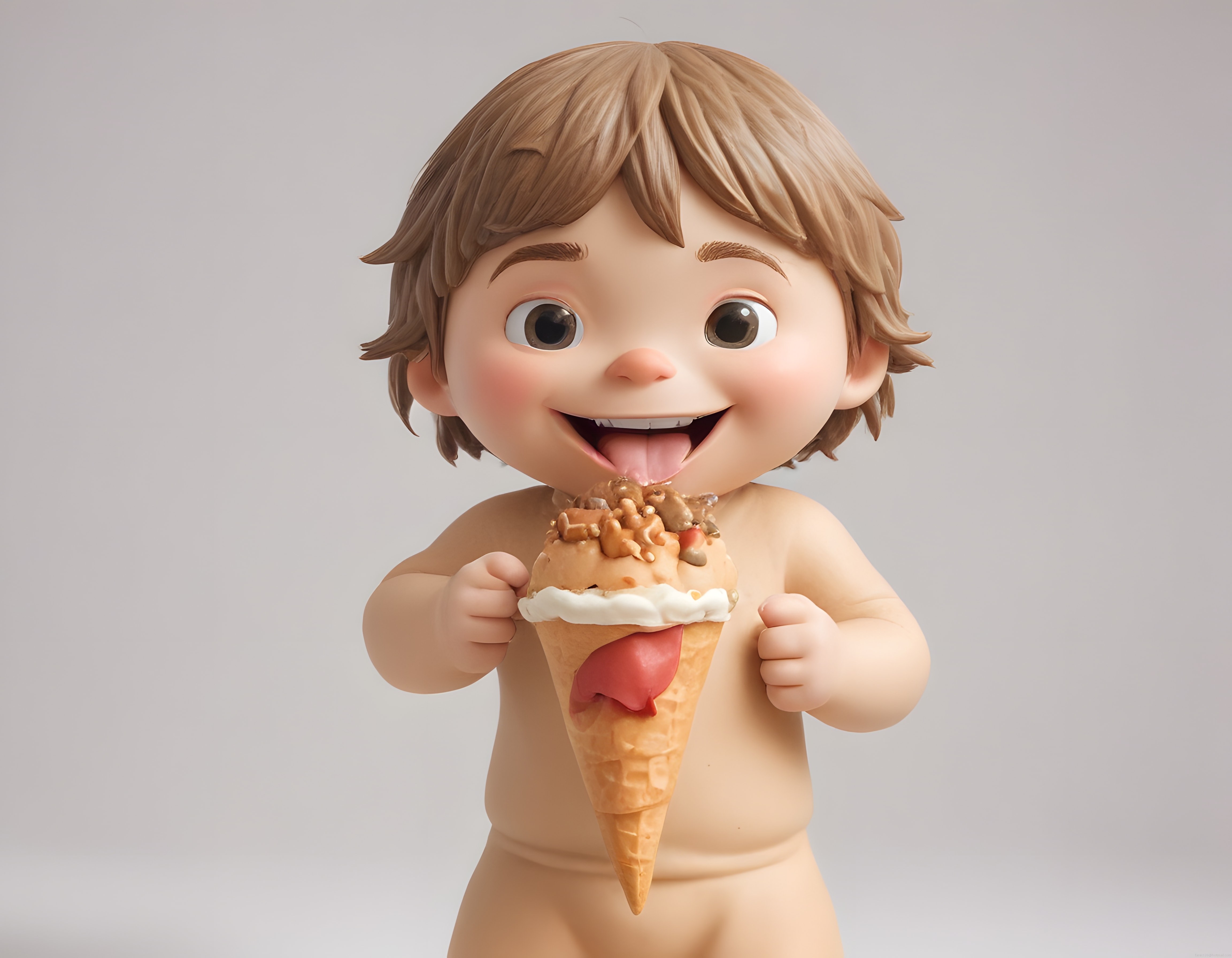 3d animasyon bebek karakteri dondurma külahıyla tatlı ve eğlenceli poz veriyor