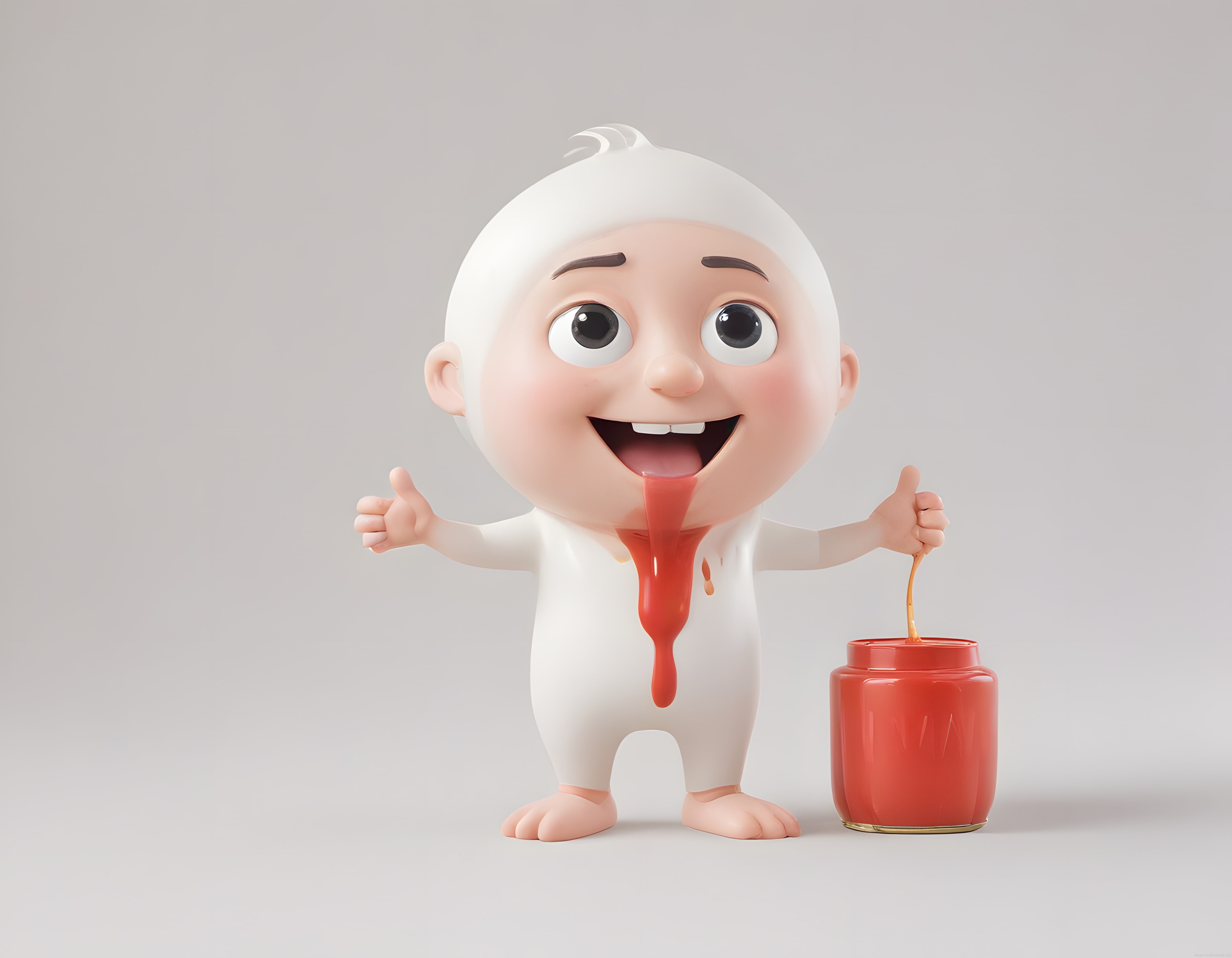 3D Animasyon Bebek Karakteri Ketçapla Eğlenirken İki Başparmakını Kaldırıyor