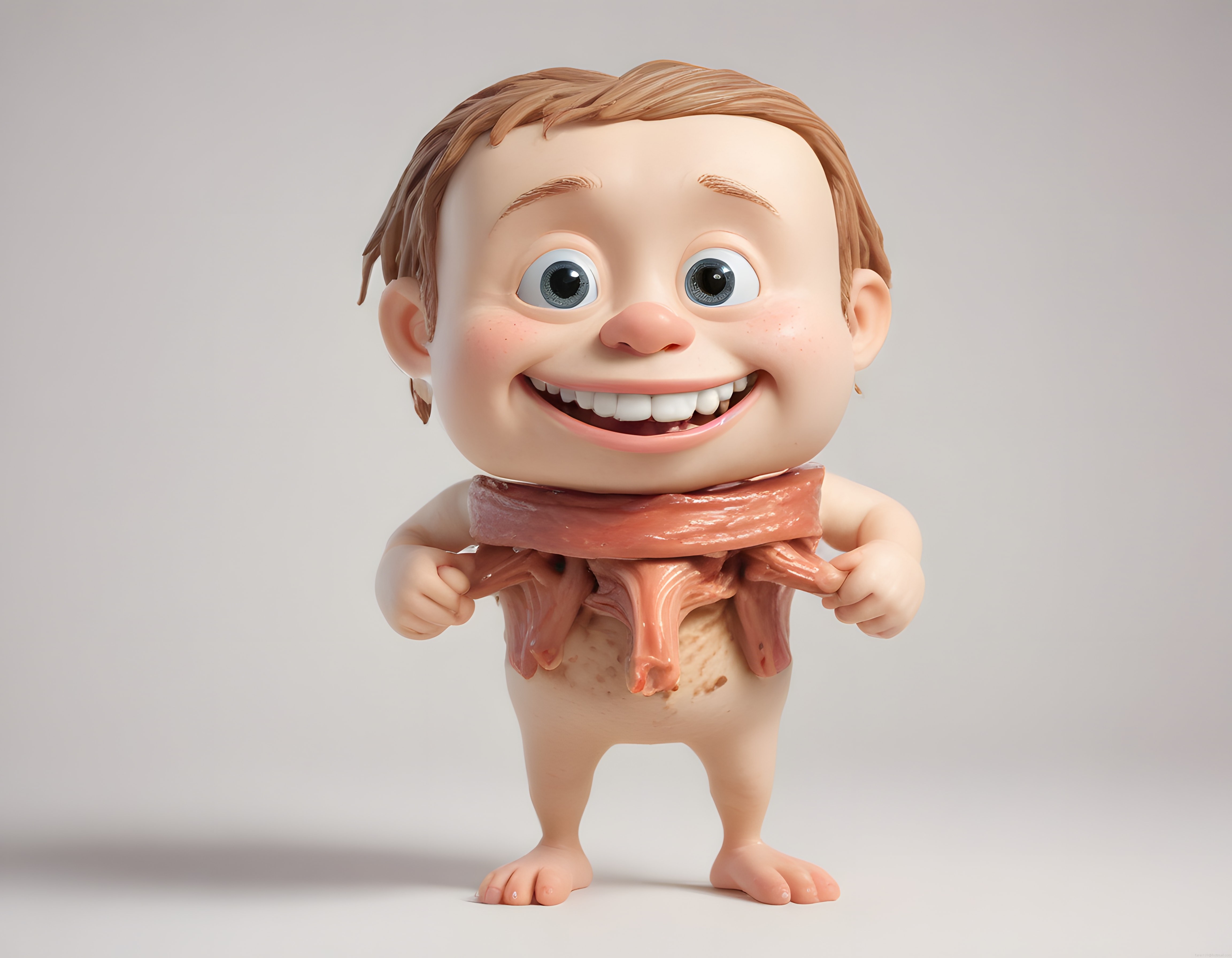 3D Animasyon Bebek Karakteri ve Çiğ Et Şeridiyle Absürt Dijital Sanat Eseri