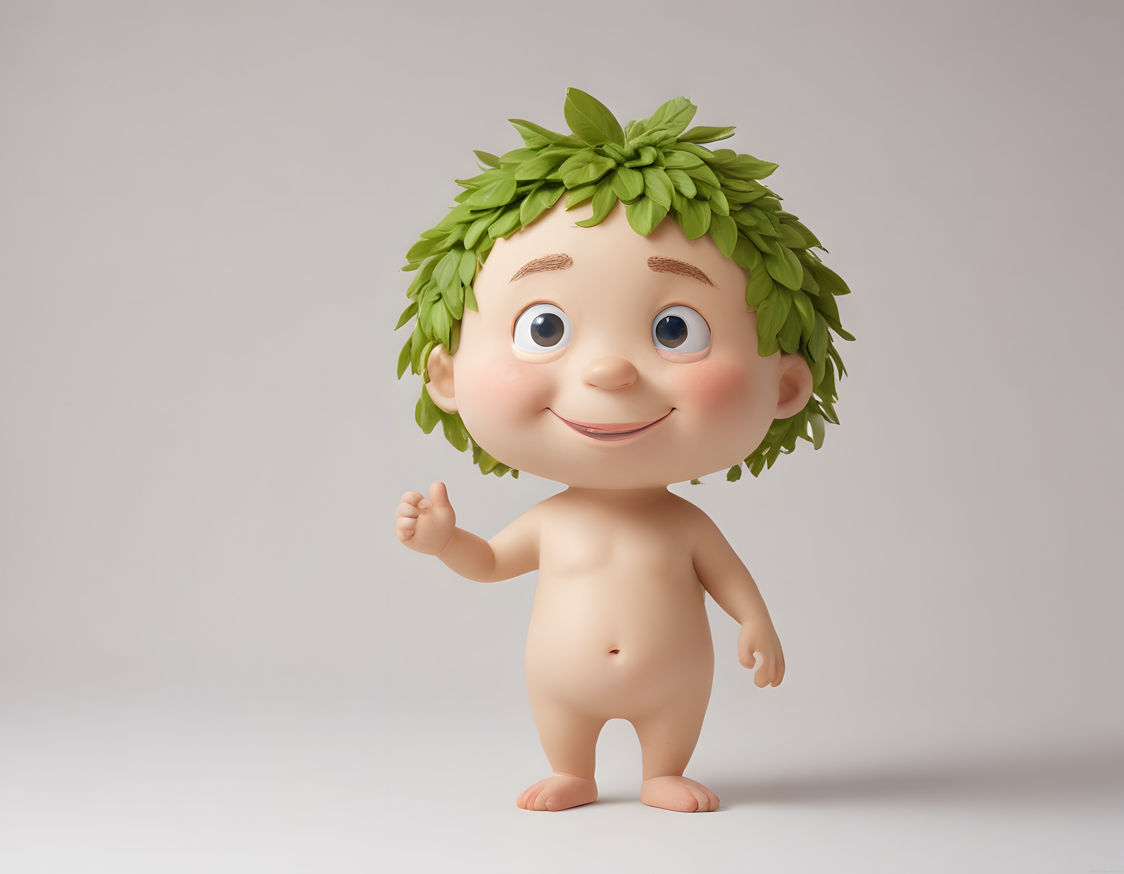 3D animasyon bebek karakteri yaprak saçlarıyla gülümseyip poz veriyor