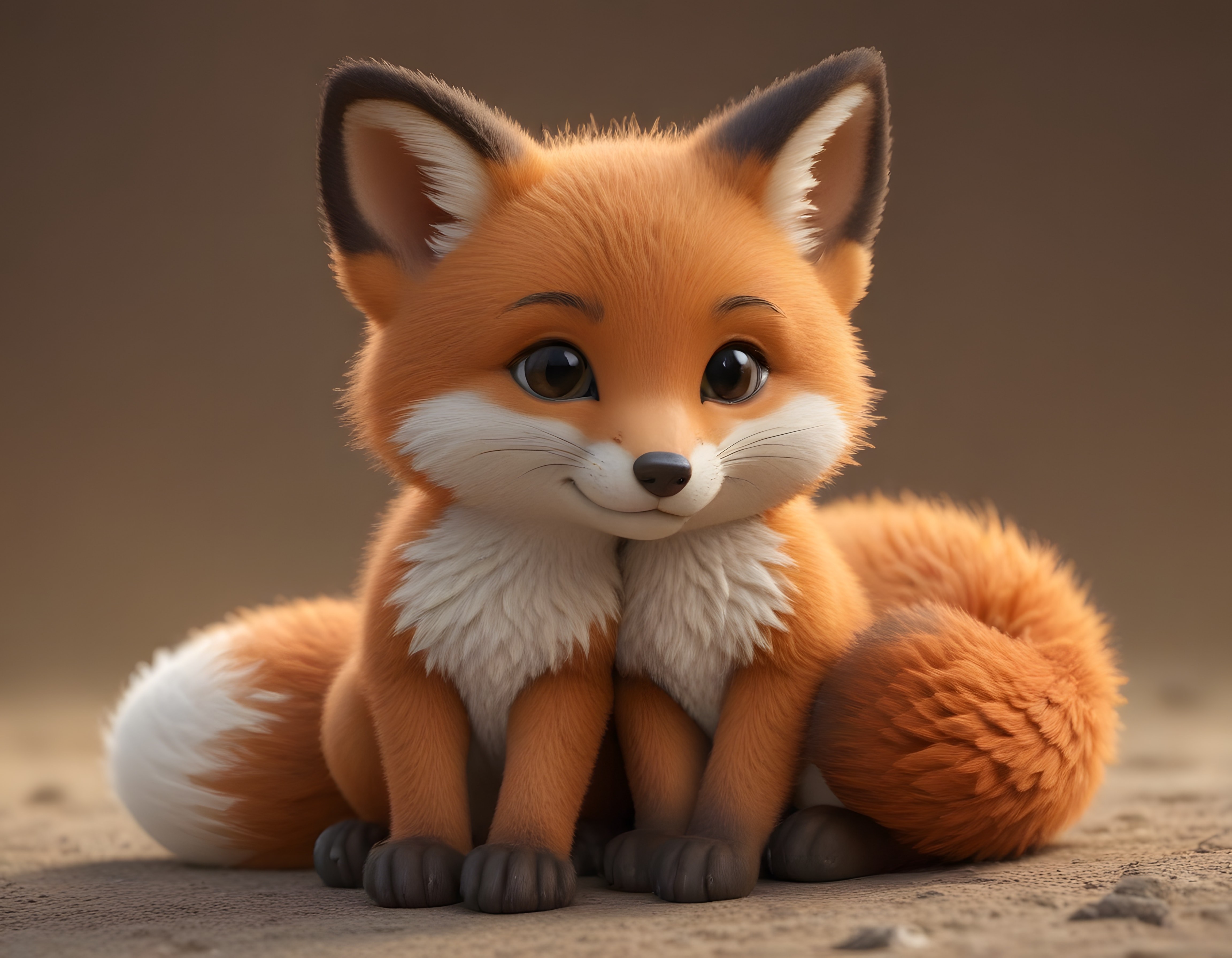 3D Animasyon Film Tarzında Masum Sevimli Kürklü Tilki Yavrusu ve Büyük Gözler