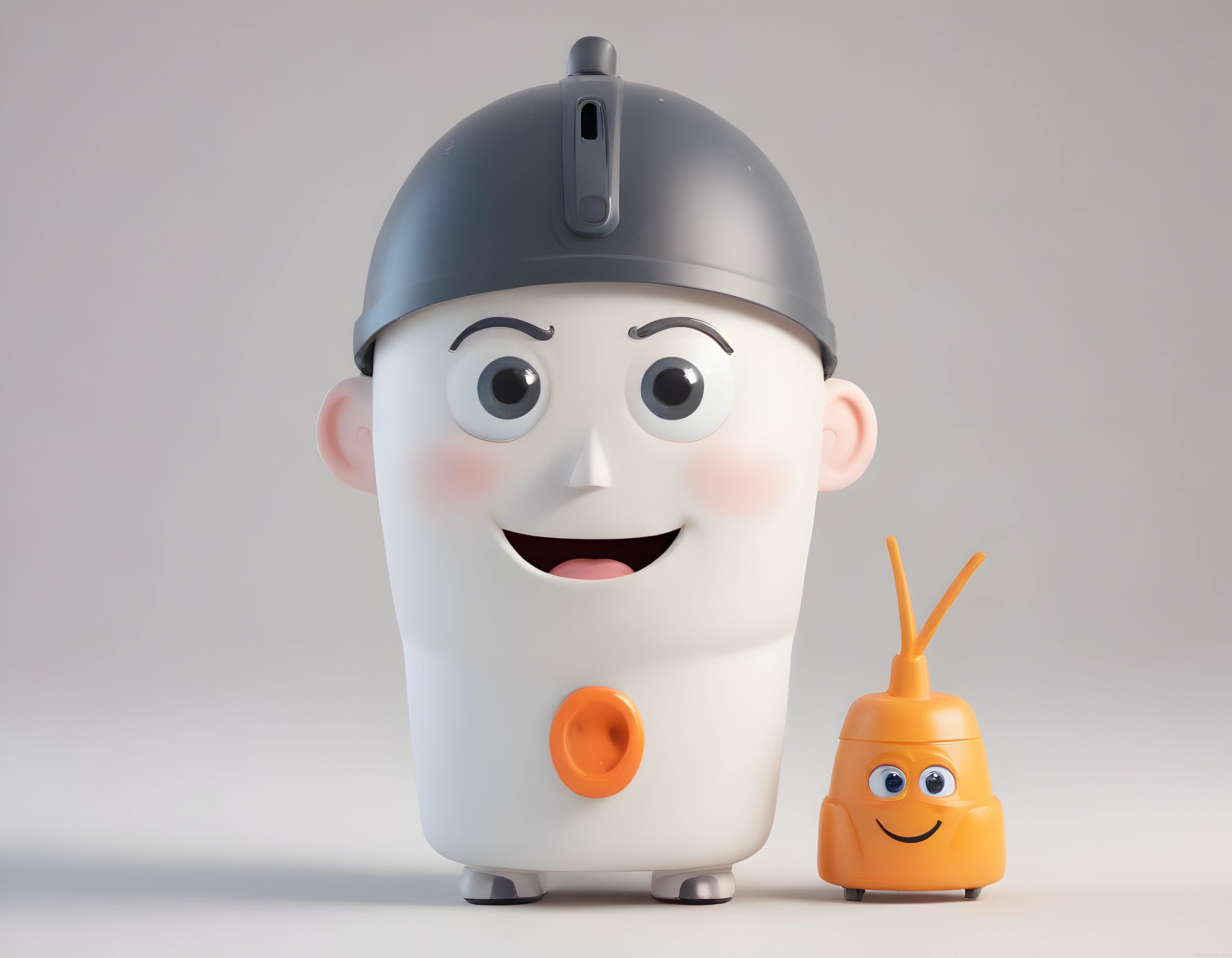 3D Animasyon Maskotları: Kasklı Sevimli Beyaz Figür ve Turuncu Arkadaşı