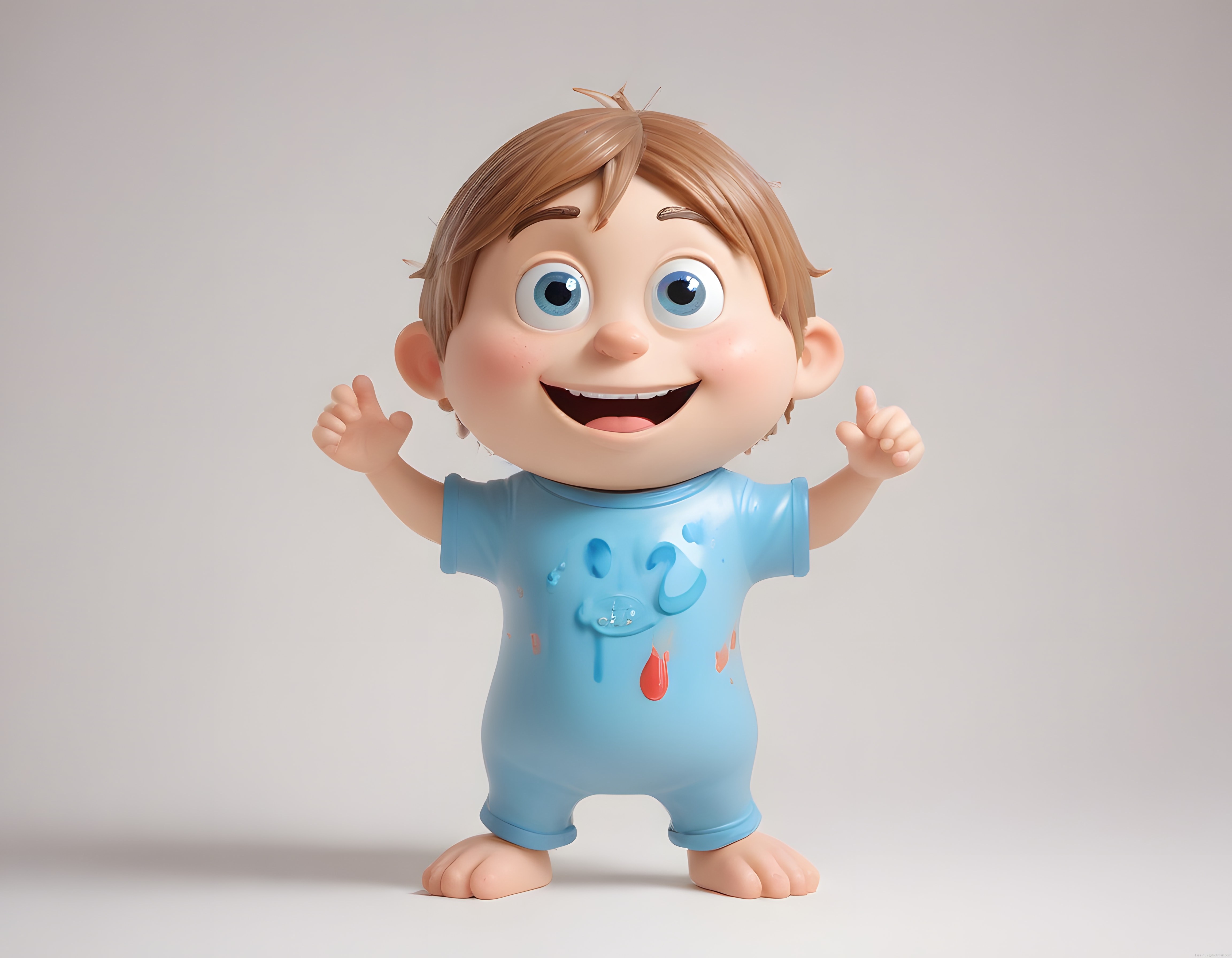 3D animasyon render: Mavi tulumlu sevimli bebek karakteri neşeyle poz veriyor
