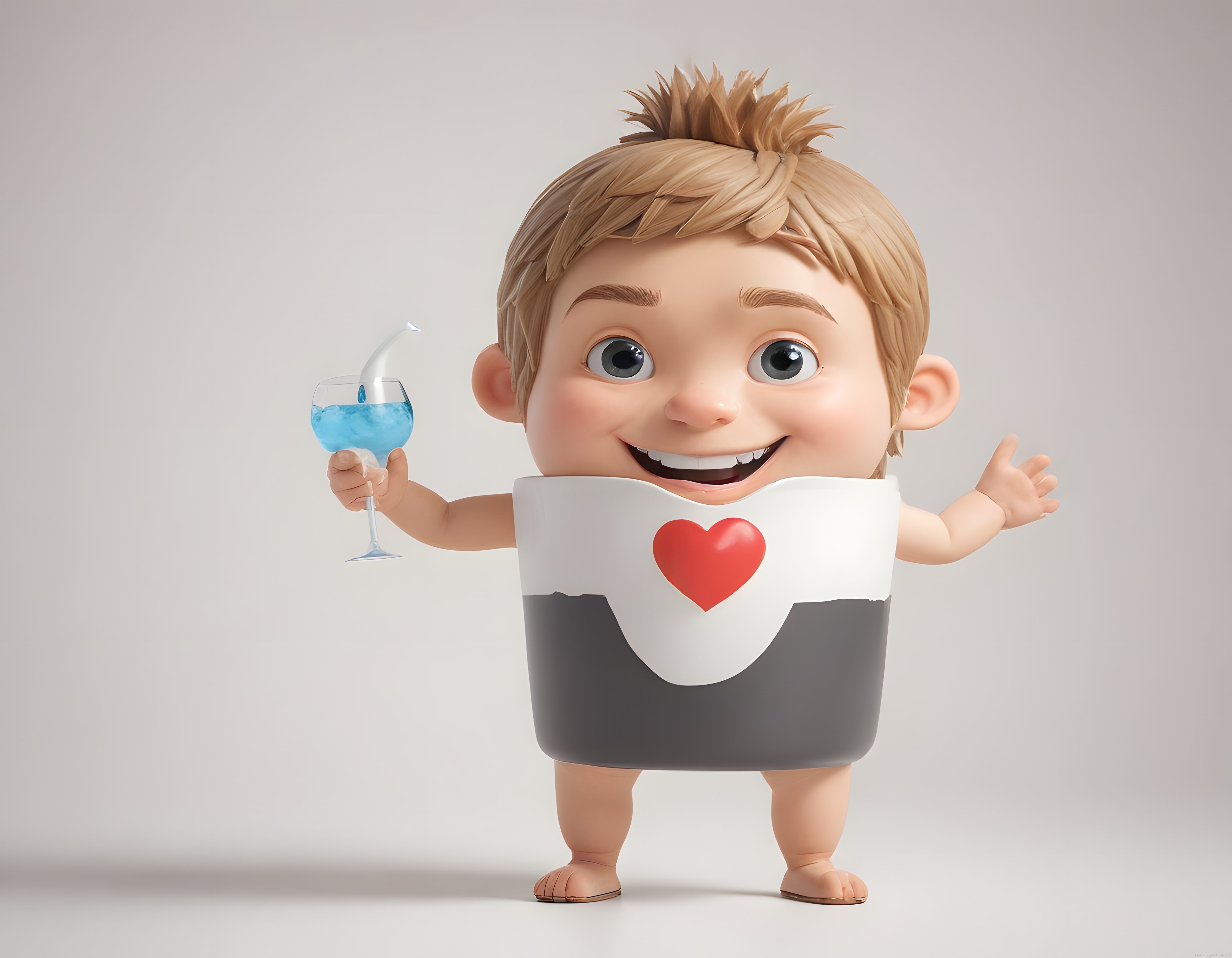 3D Animasyon Sevimli Bebek Karakteri Mavi Kokteyl Tutarken Neşeyle Gülümsüyor