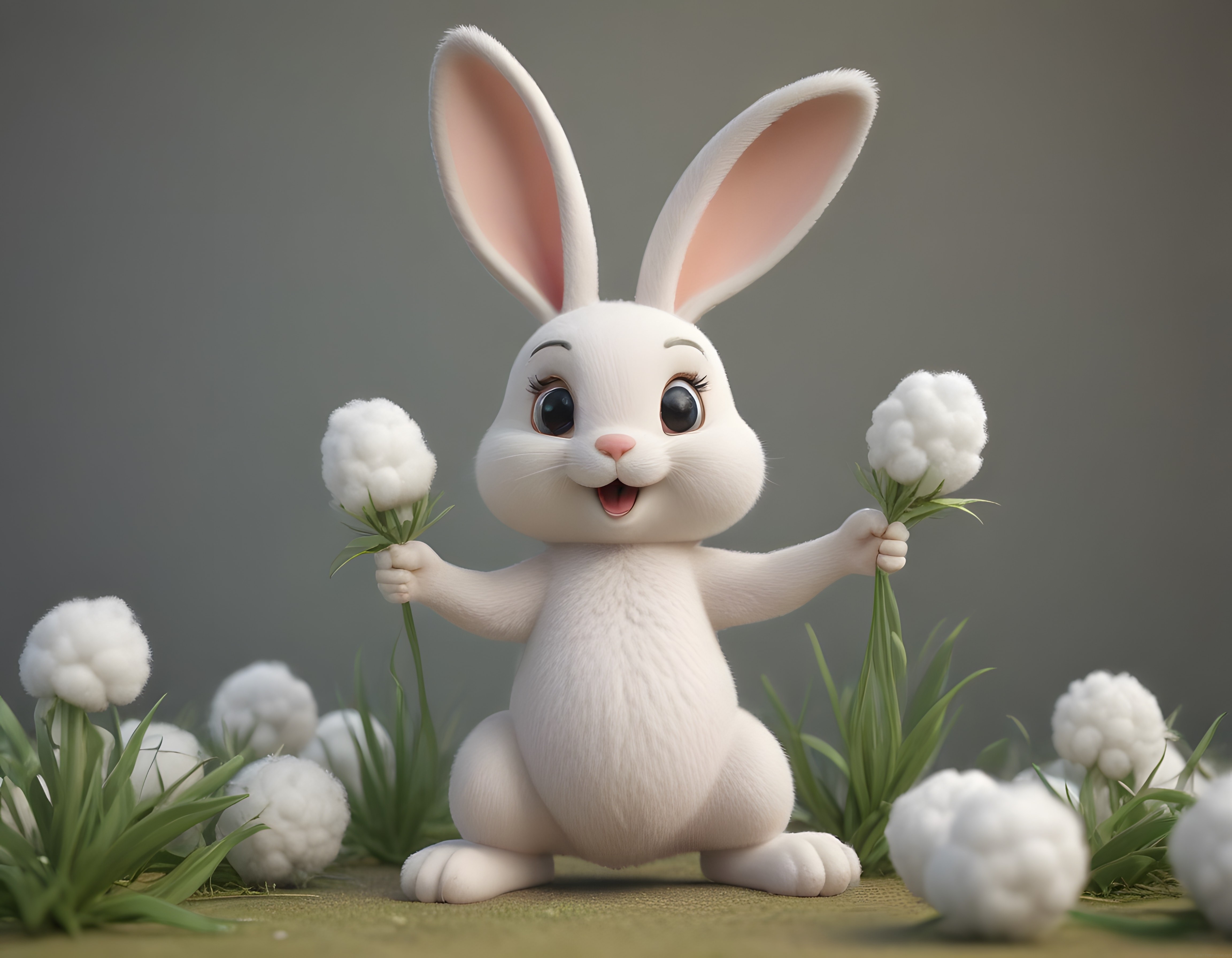 3D Animasyon Sevimli Beyaz Tavşan ve Pamuk Çiçekleri ile Masalsı Orman Sahnesi