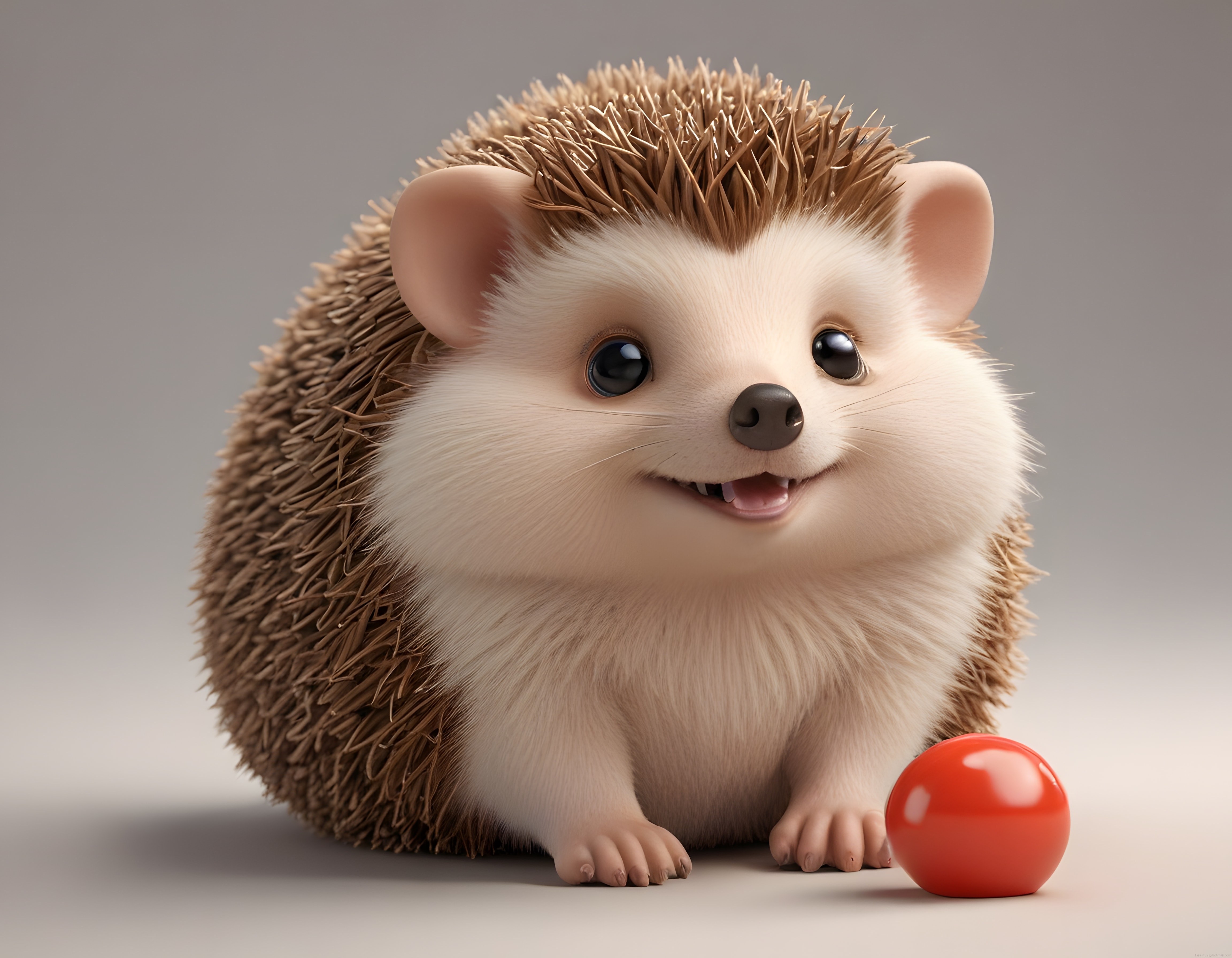 3D Animasyon Sevimli Kirpi Kırmızı Top ile Oynarken Masalsı Gülümseyen Portre