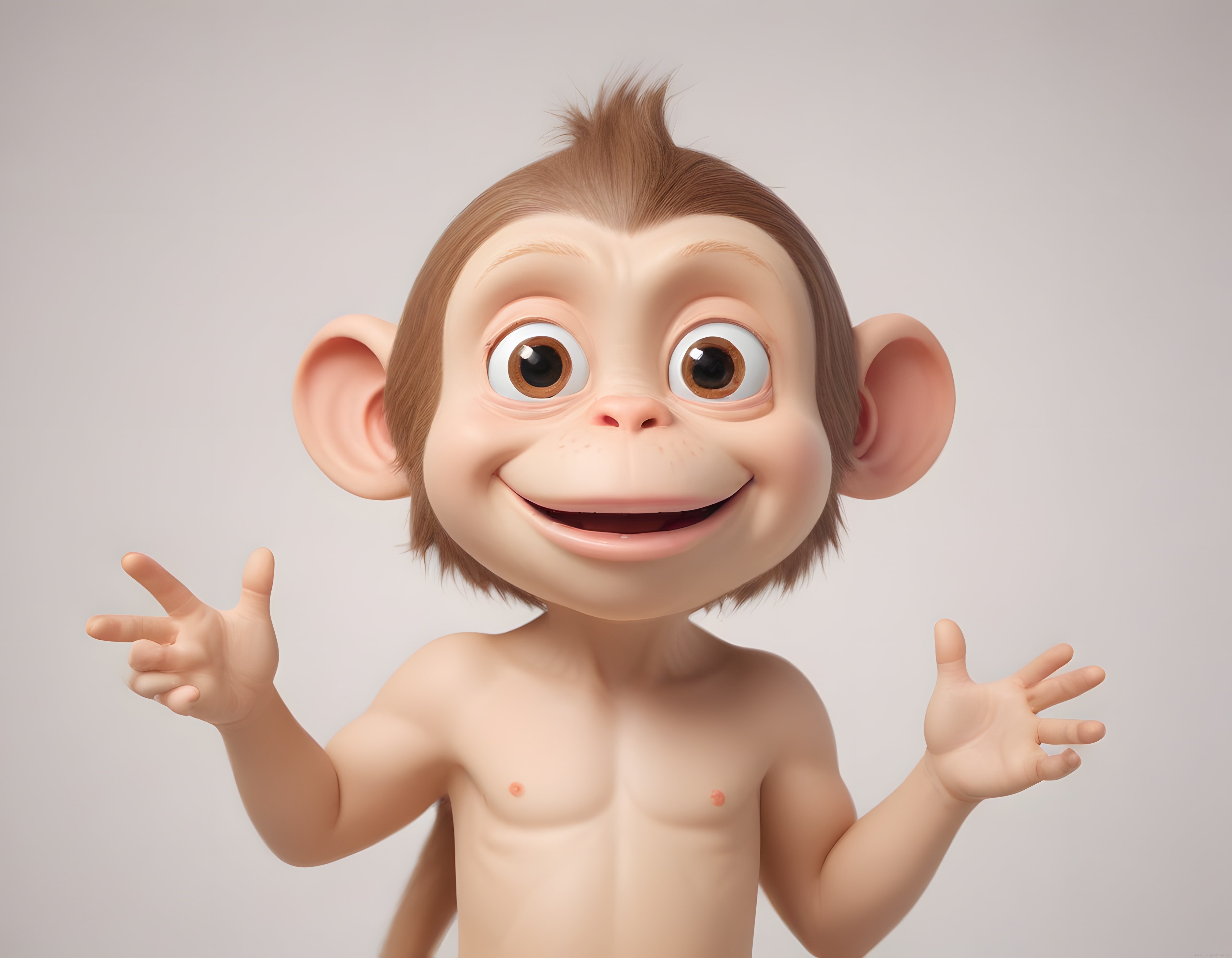 3D Animasyon Stili Sevimli Bebek Maymun Karakteri Büyük Gözlerle Gülümsüyor