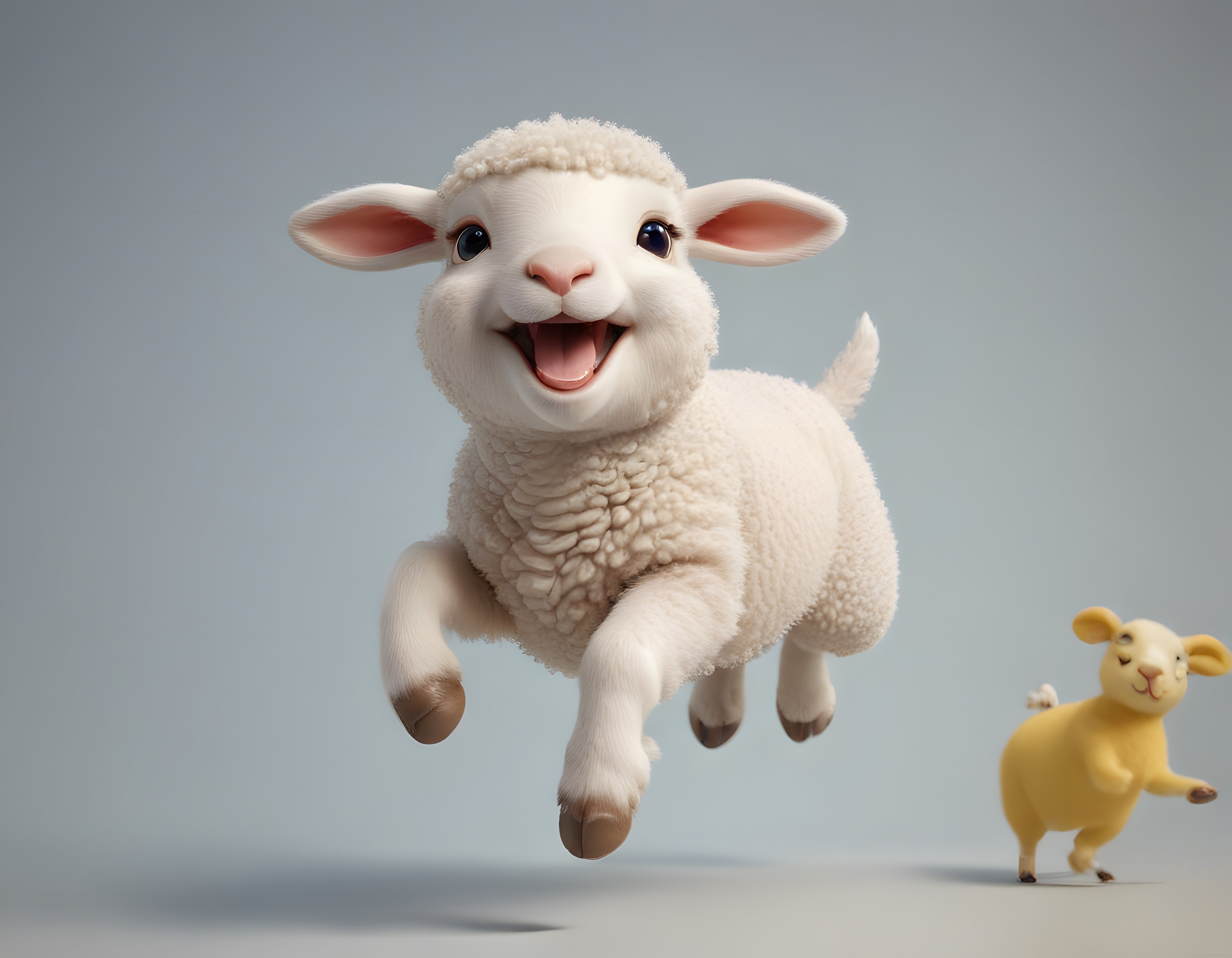 3D Animasyon Stilinde Gülümseyen Sevimli Beyaz Kuzu ve Sarı Oyuncak Figür