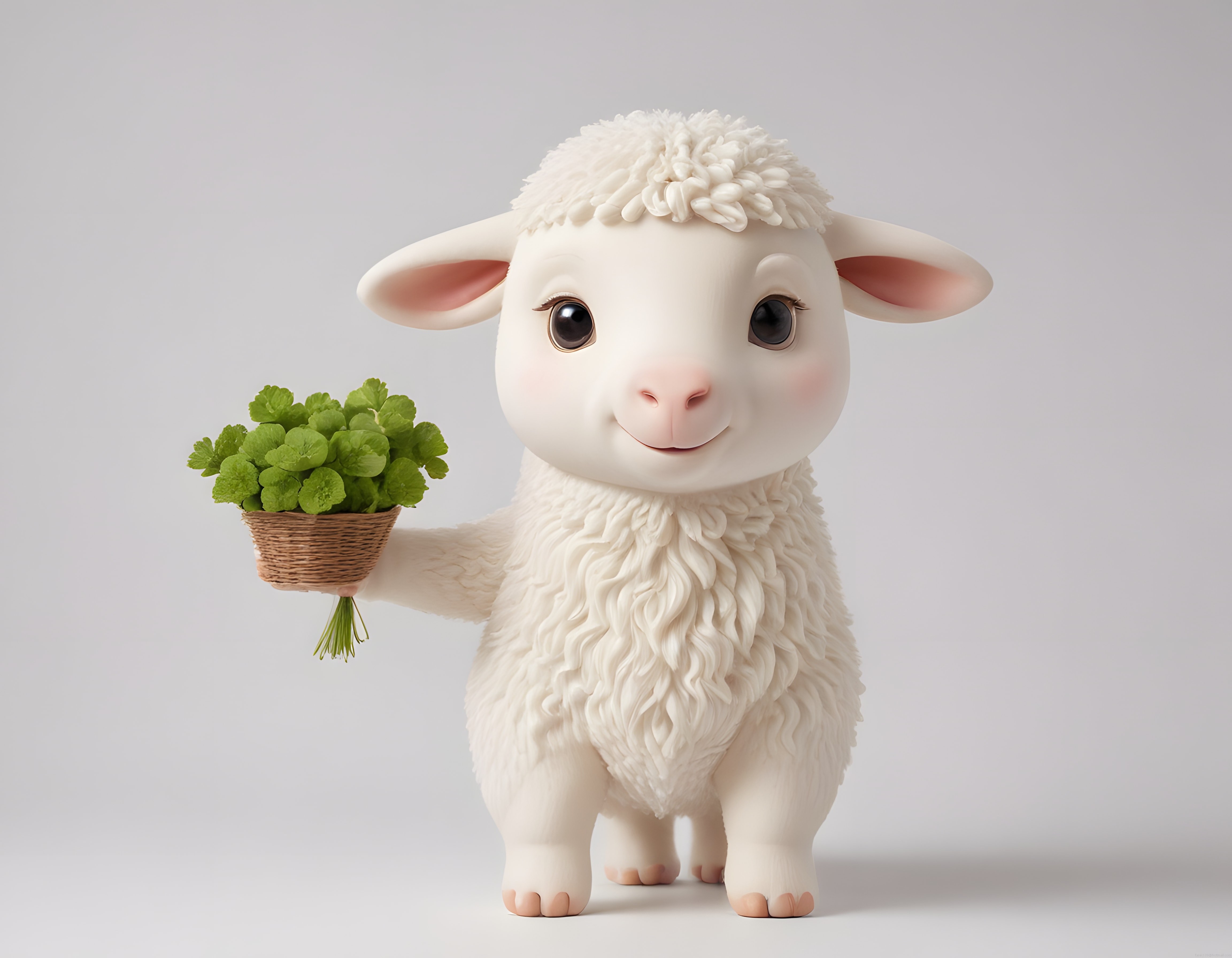 3D Animasyon Stilinde Masum Kuzu Karakteri ve Elindeki Yeşil Bitki Sepeti