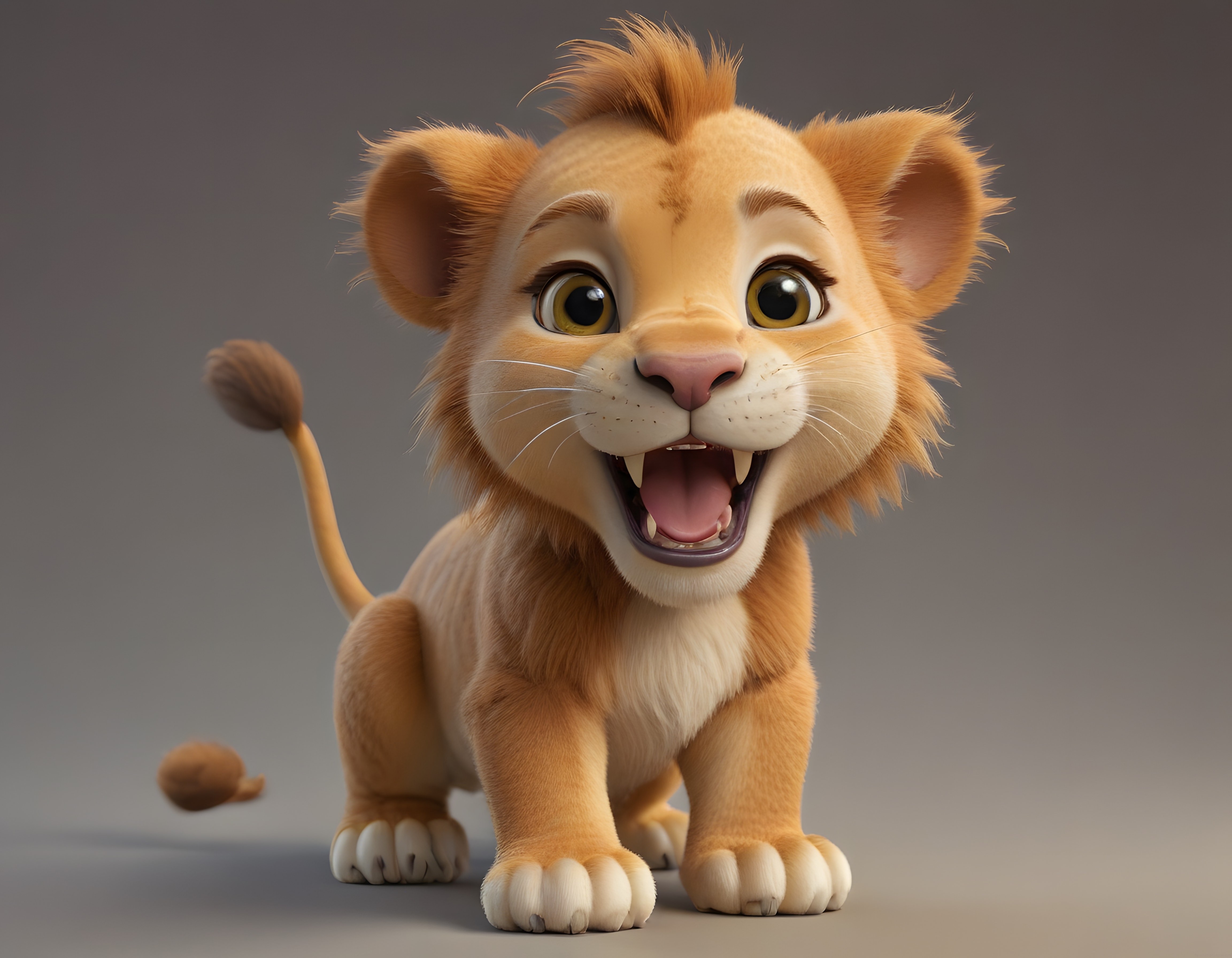 3D animasyon stilinde sevimli aslan yavrusu karakteri neşeyle gülümsüyor