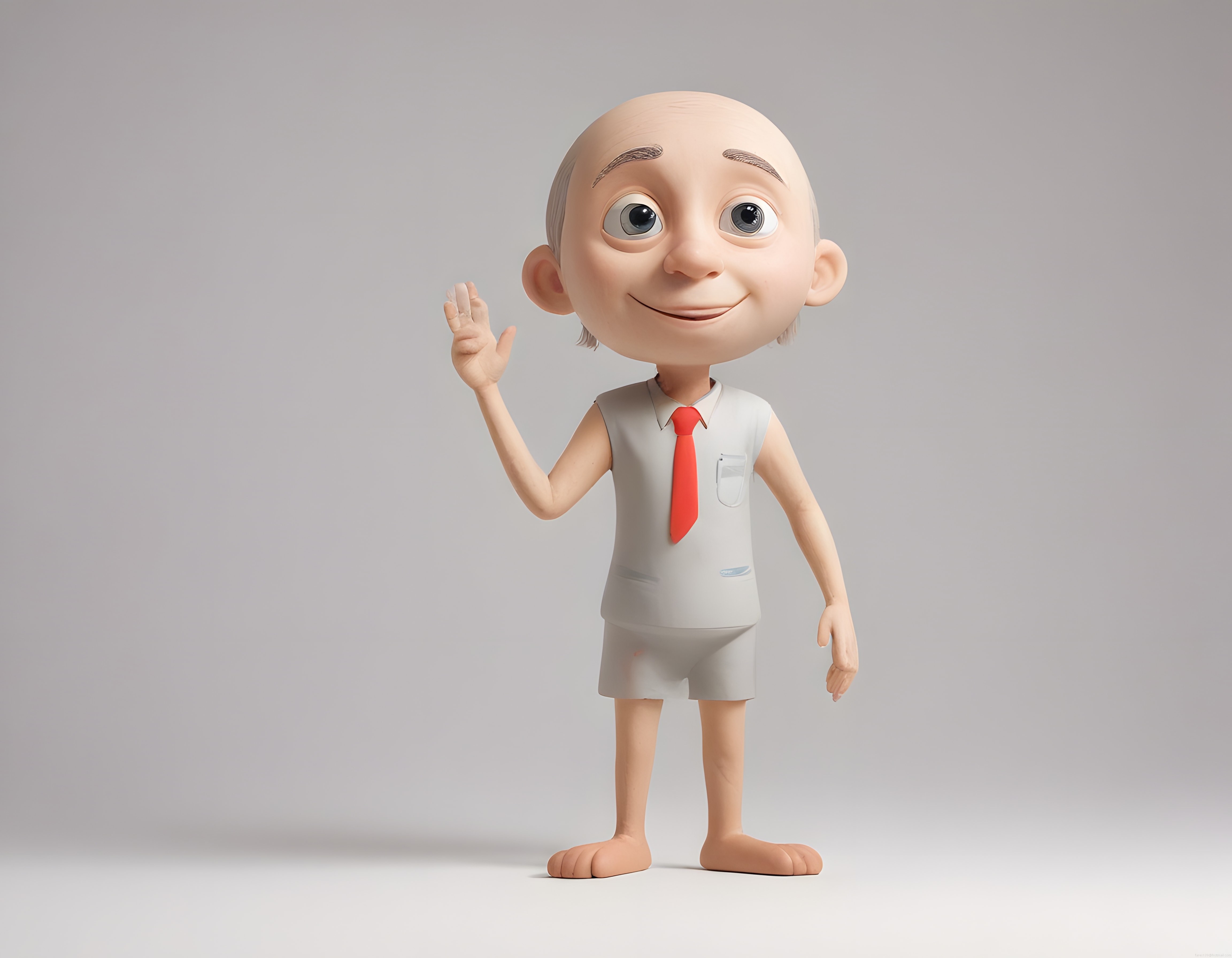 3D Animasyon Tarzı Gülümseyen Karakter Gri Kıyafetli Kırmızı Kravatlı