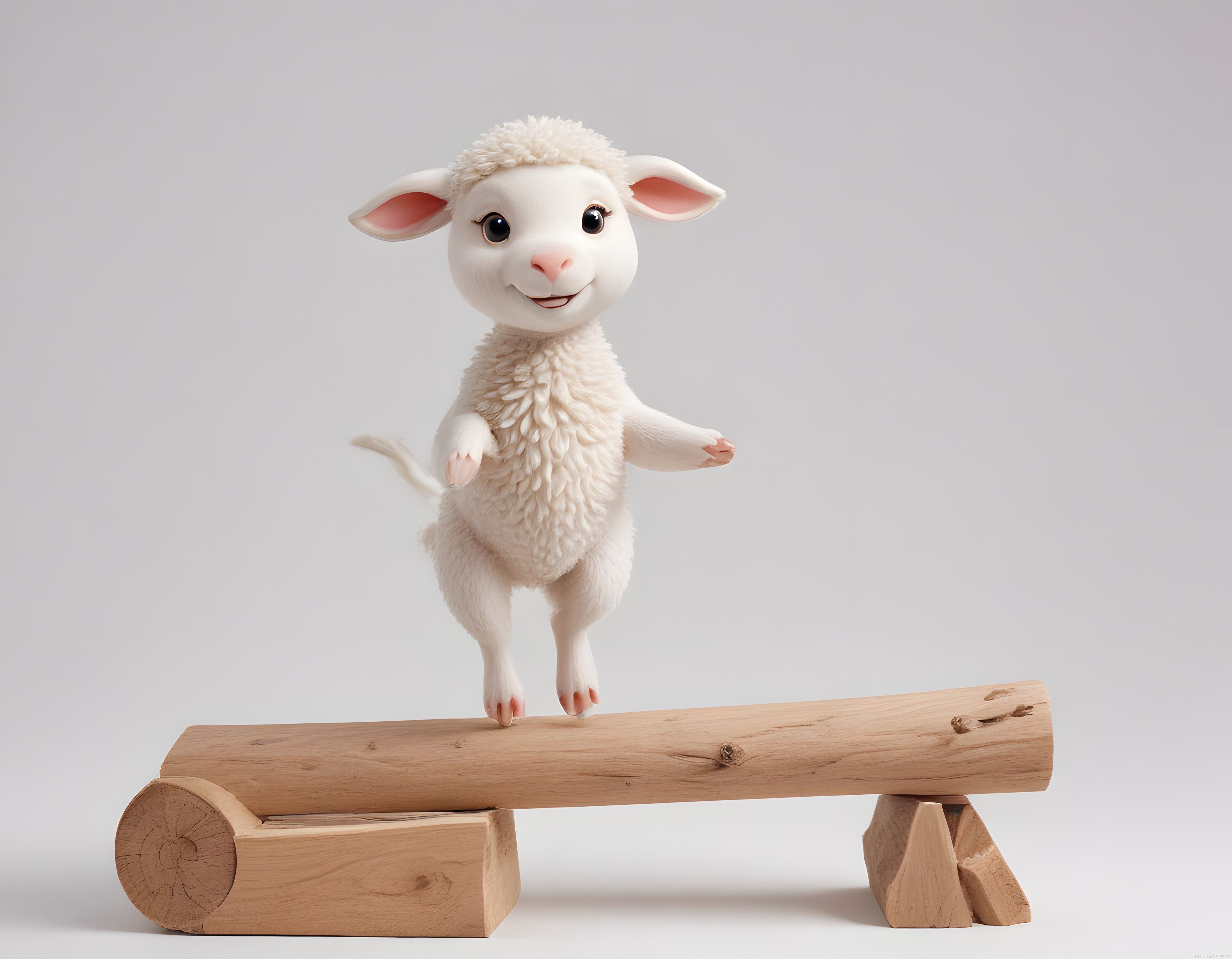 3D animasyon tarzı sevimli kuzu yavrusu ahşap kütük üzerinde dengede duruyor