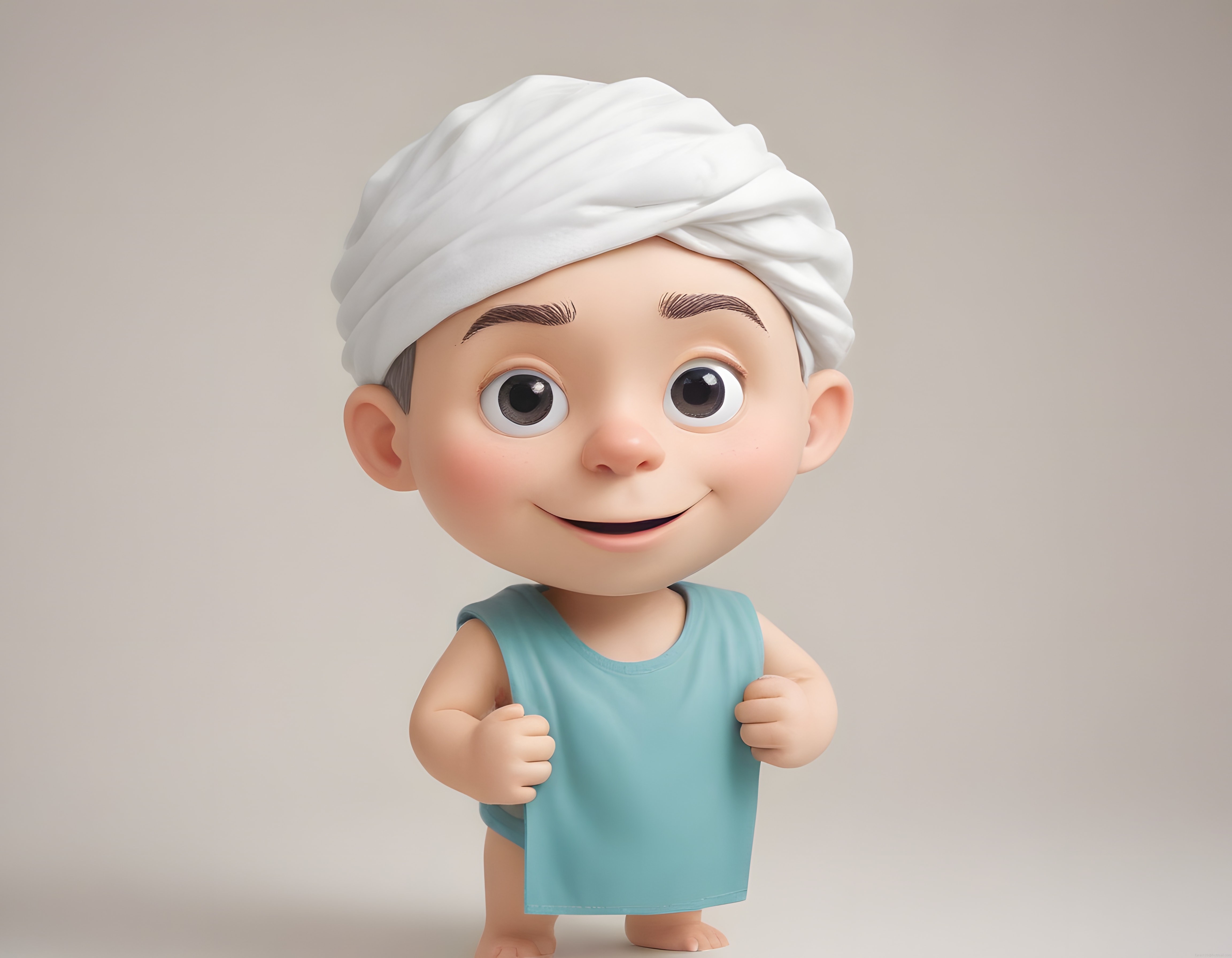 3d animasyon tarzında beyaz havlulu ve mavi atletli sevimli çocuk karakteri