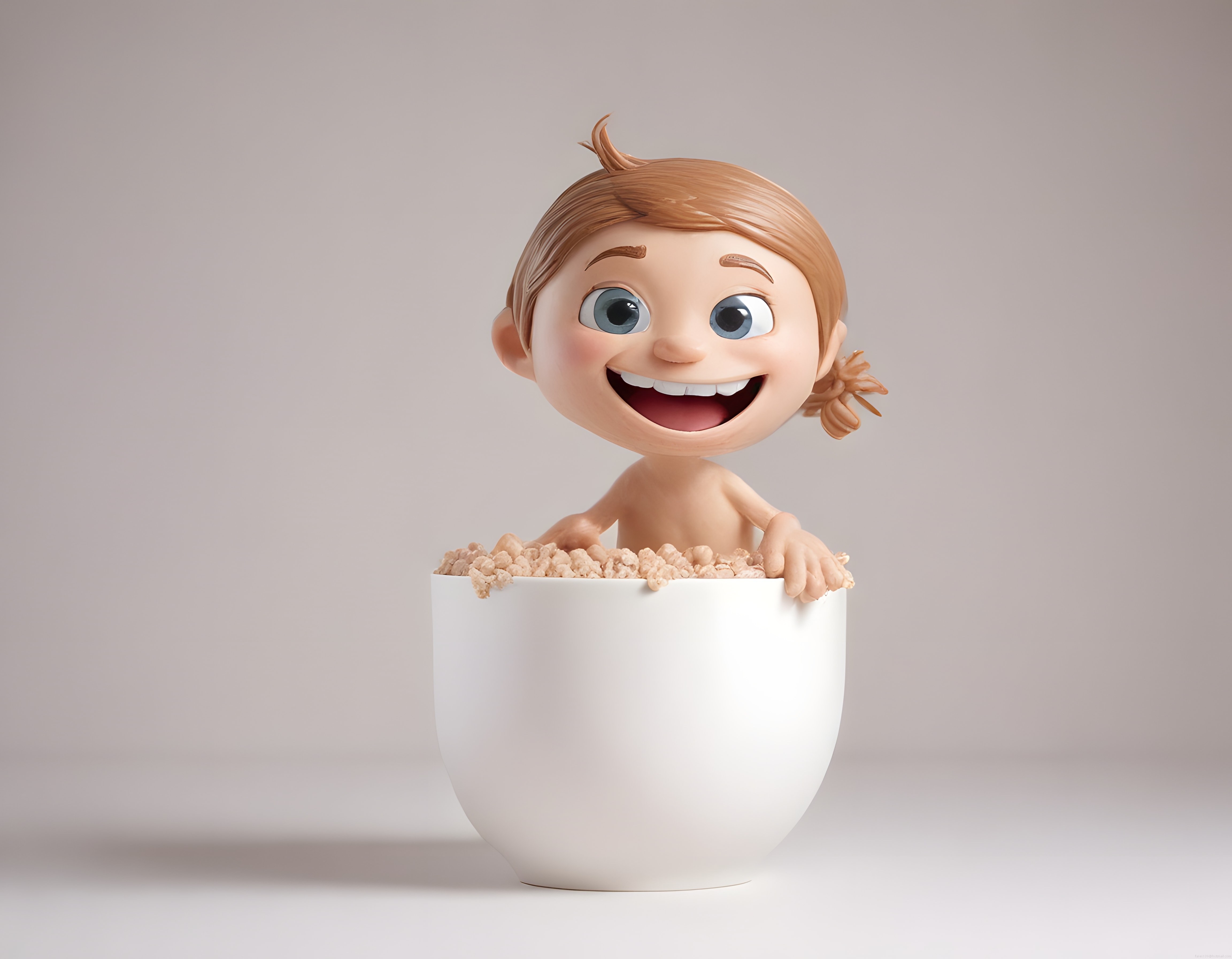 3D animasyon tarzında büyük gözlü gülümseyen bebek ve tahıl gevreği kasesi görseli