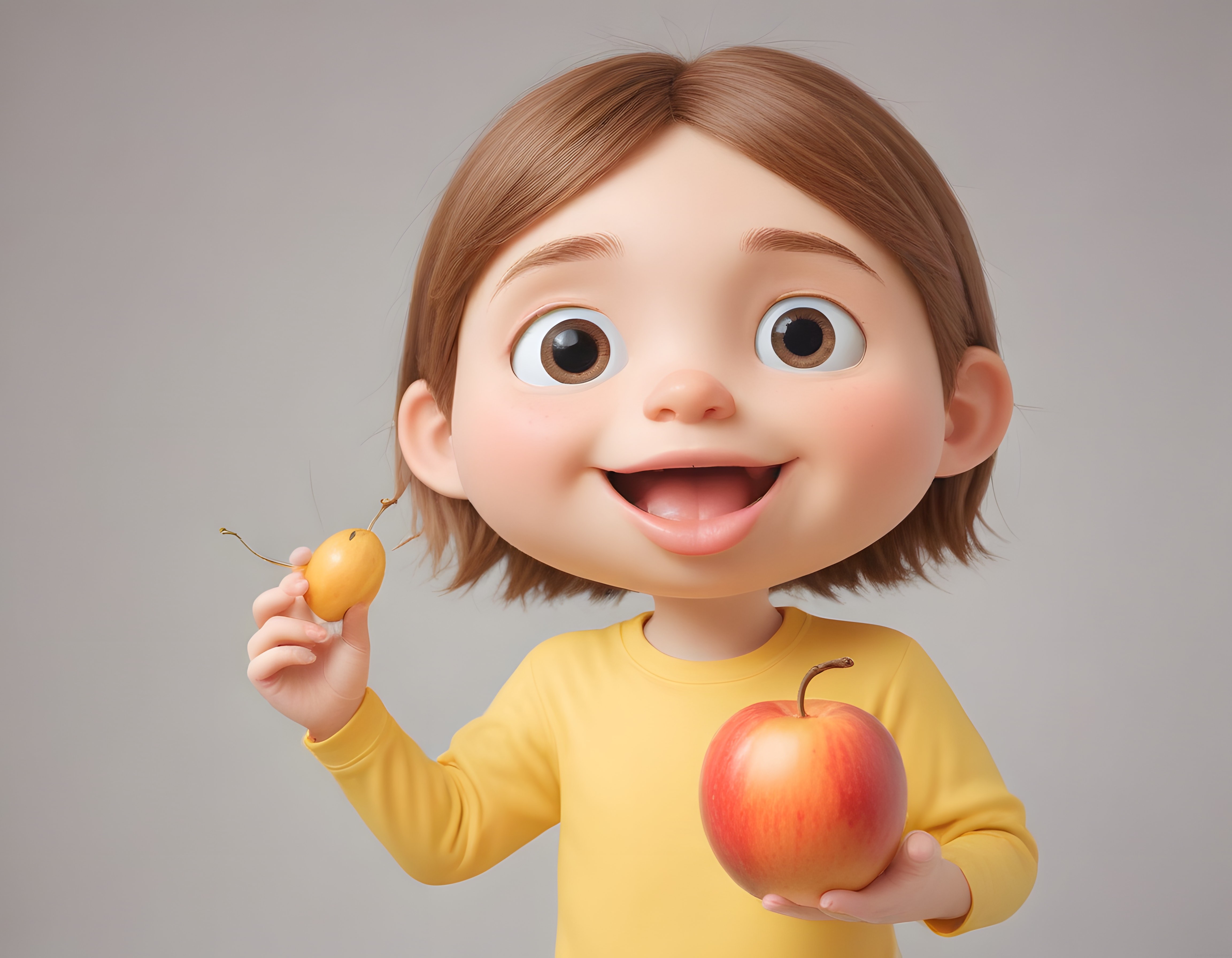 3D Animasyon Tarzında Elma ve Kiraz Tutan Sevimli Çocuk Karakteri