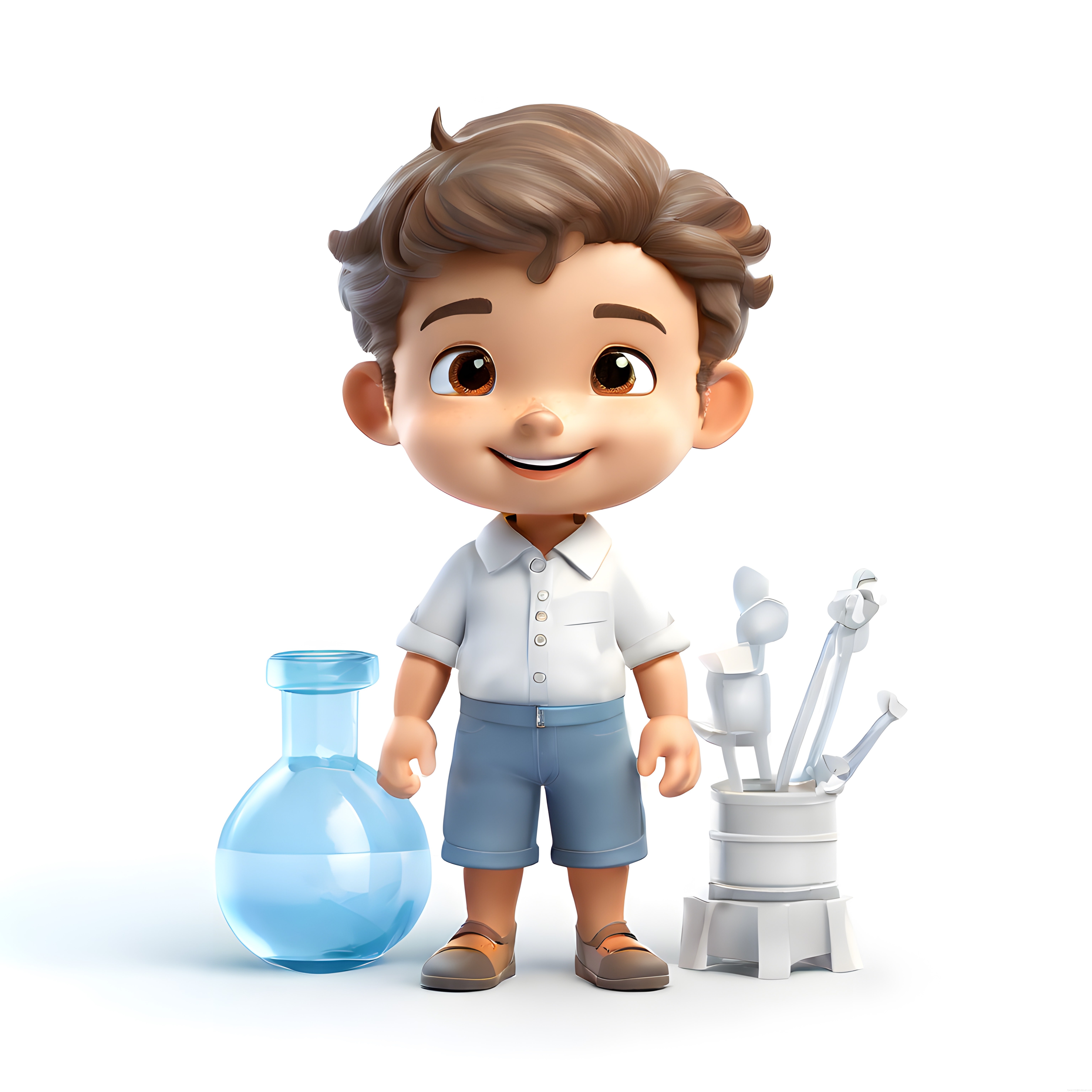 3D Animasyon Tarzında Gülümseyen Çocuk Bilimsever ve Laboratuvar Ekipmanları