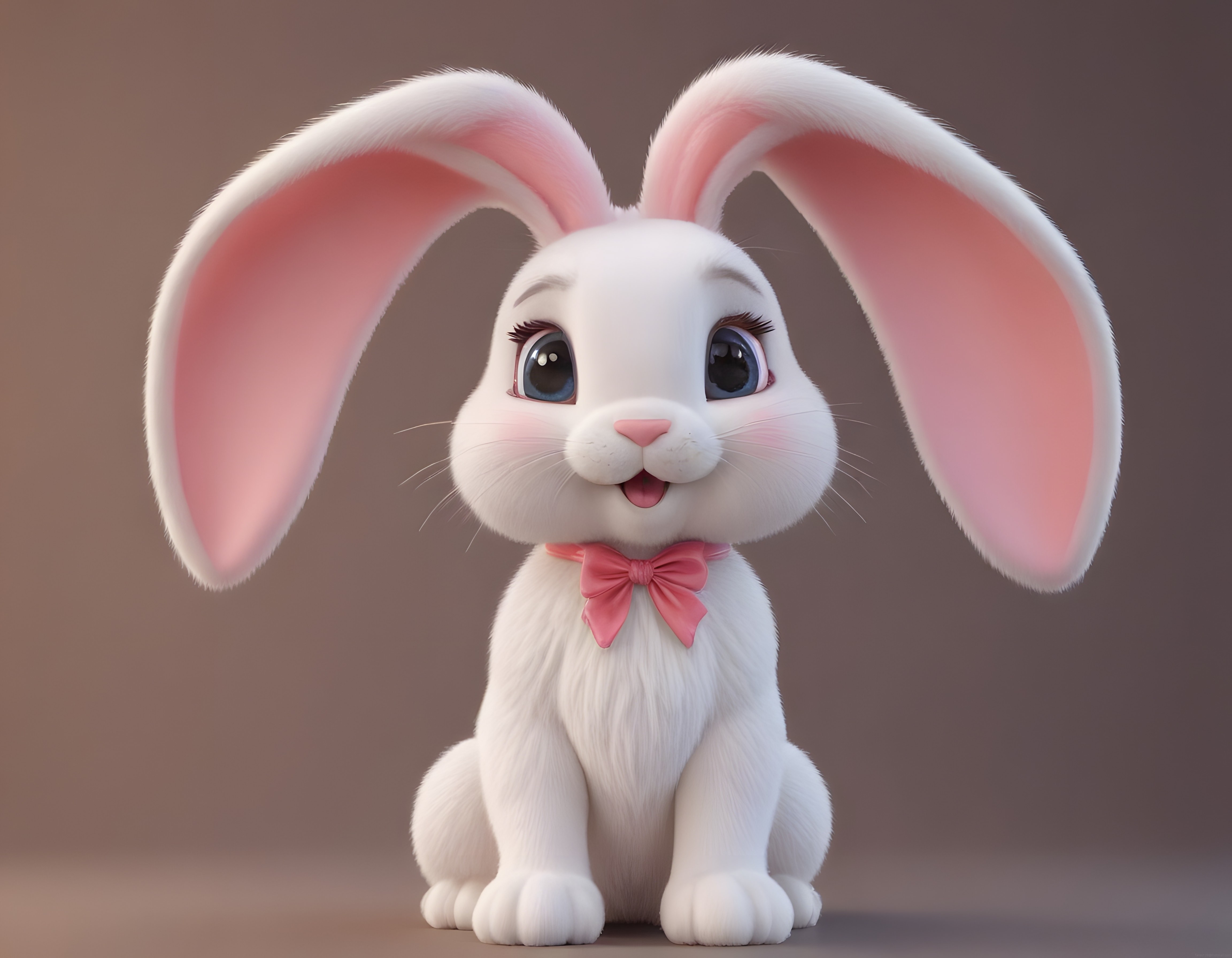 3D Animasyon Tarzında Pembe Kulaklı Sevimli Beyaz Tavşan ve Papyonu