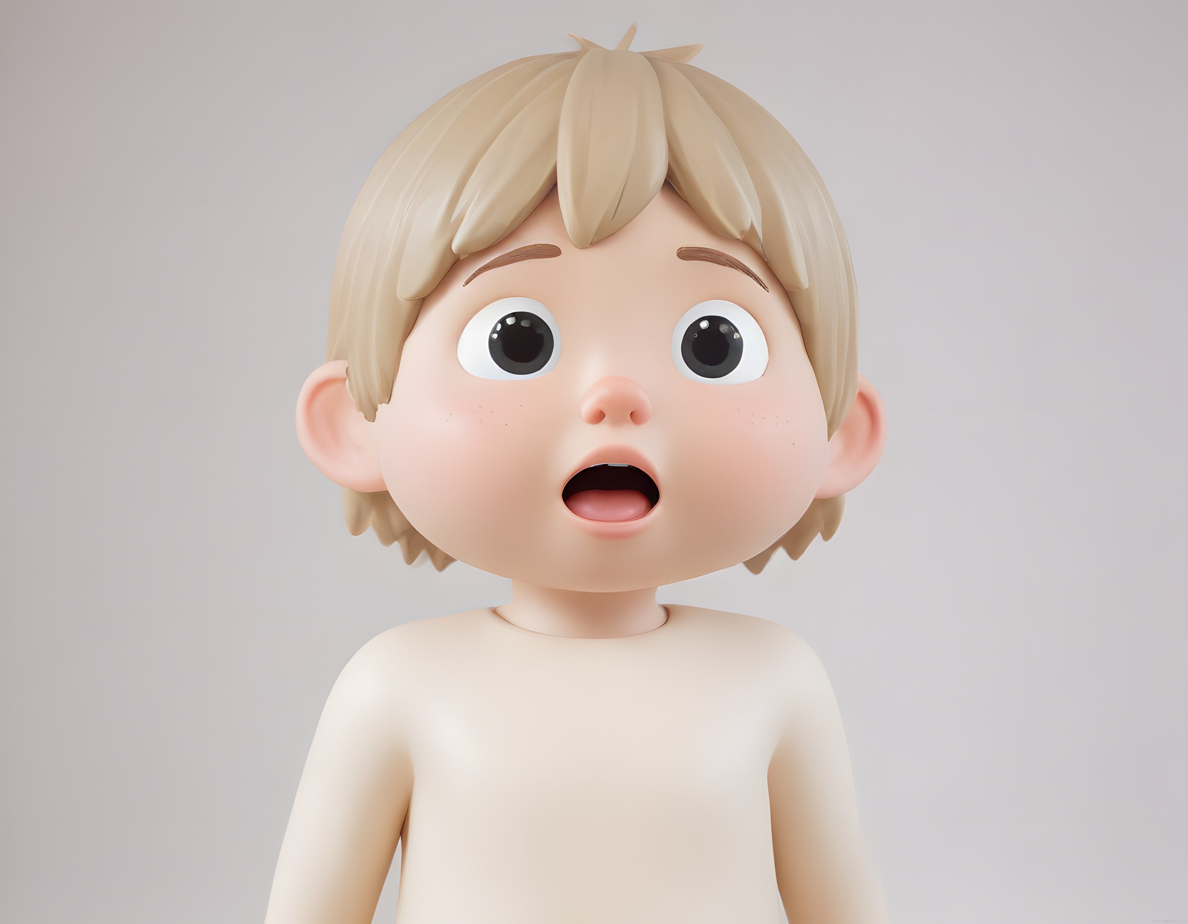3D animasyon tarzında şaşkın ifadeli, büyük gözlü sarı saçlı karakter tasarımı
