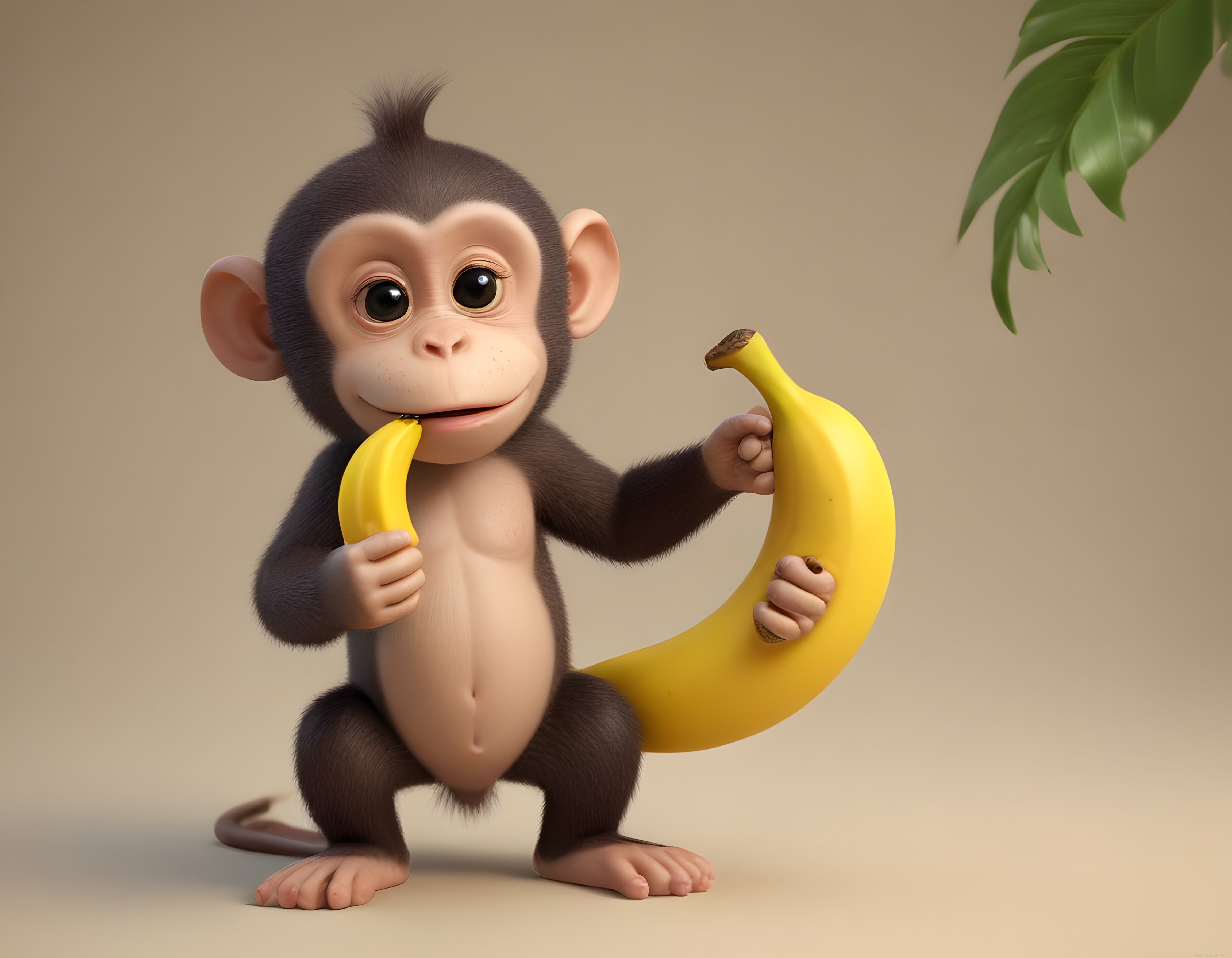 3D Animasyon Tarzında Sevimli Bebek Maymun Elinde Dev Muzla Gülümsüyor