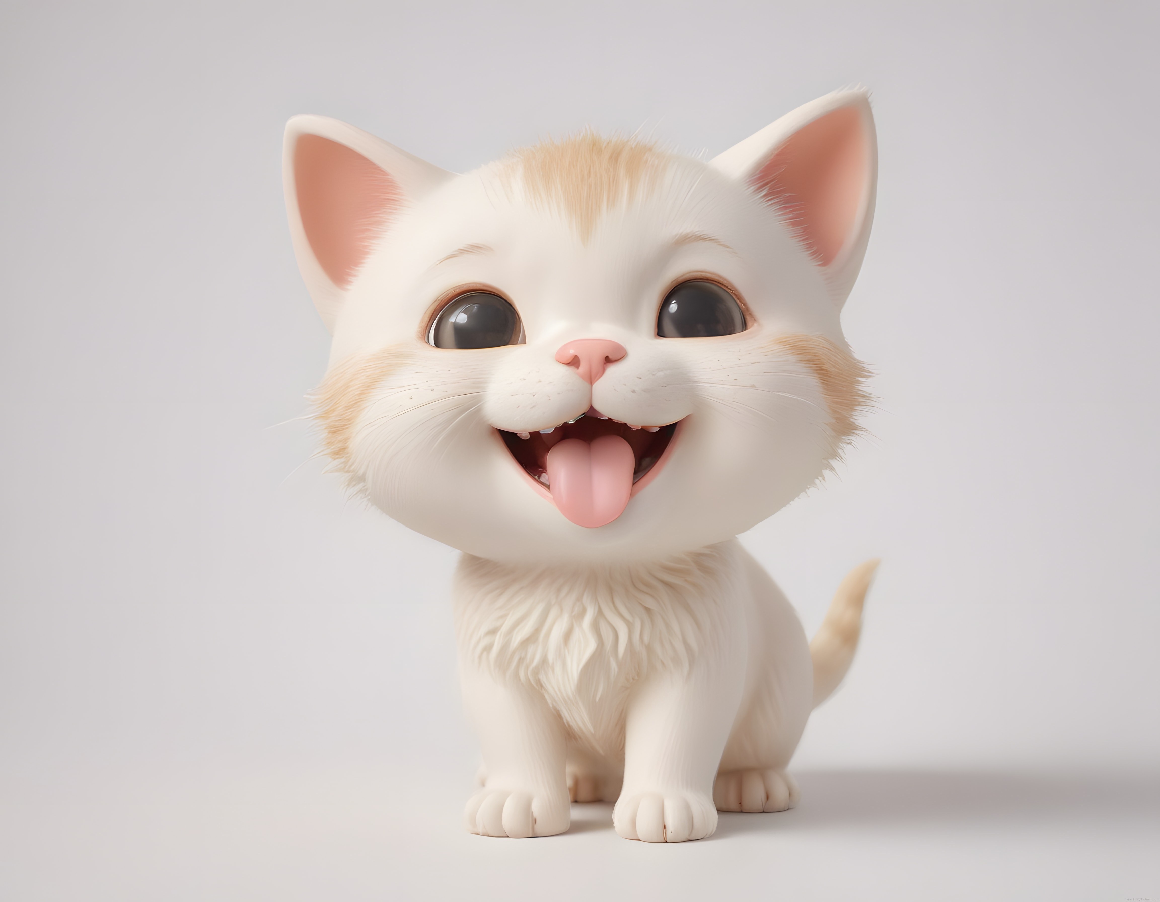 3D Animasyon Tarzında Sevimli Beyaz Kedi Yavrusu Dili Dışarıda Poz Veriyor