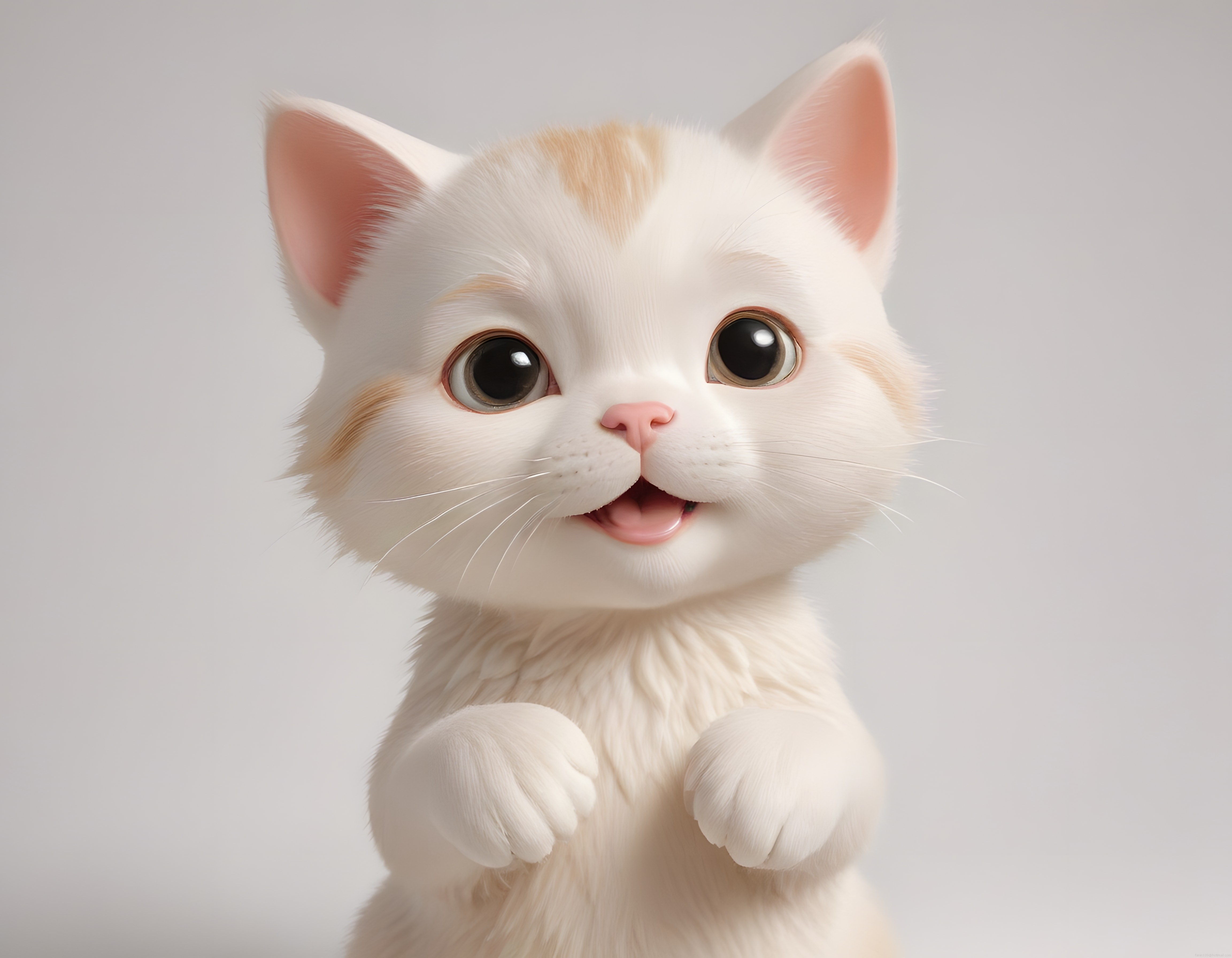 3D Animasyon Tarzında Sevimli Beyaz Kedi Yavrusu ve Masum Gülümseyen Karakter