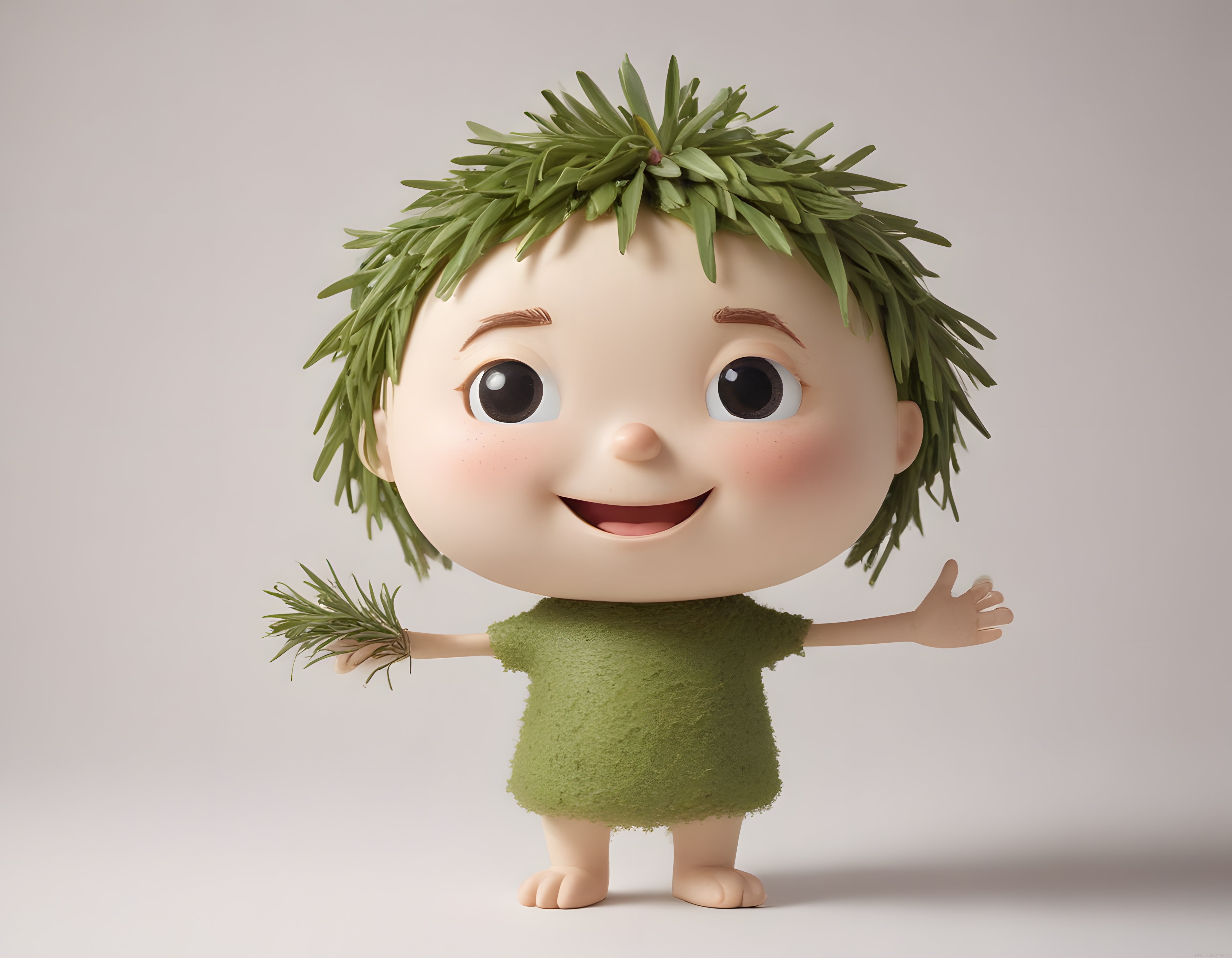 3D Animasyon Tarzında Sevimli Bitki Temalı Çocuk Karakteri ve Elde Otu Demeti