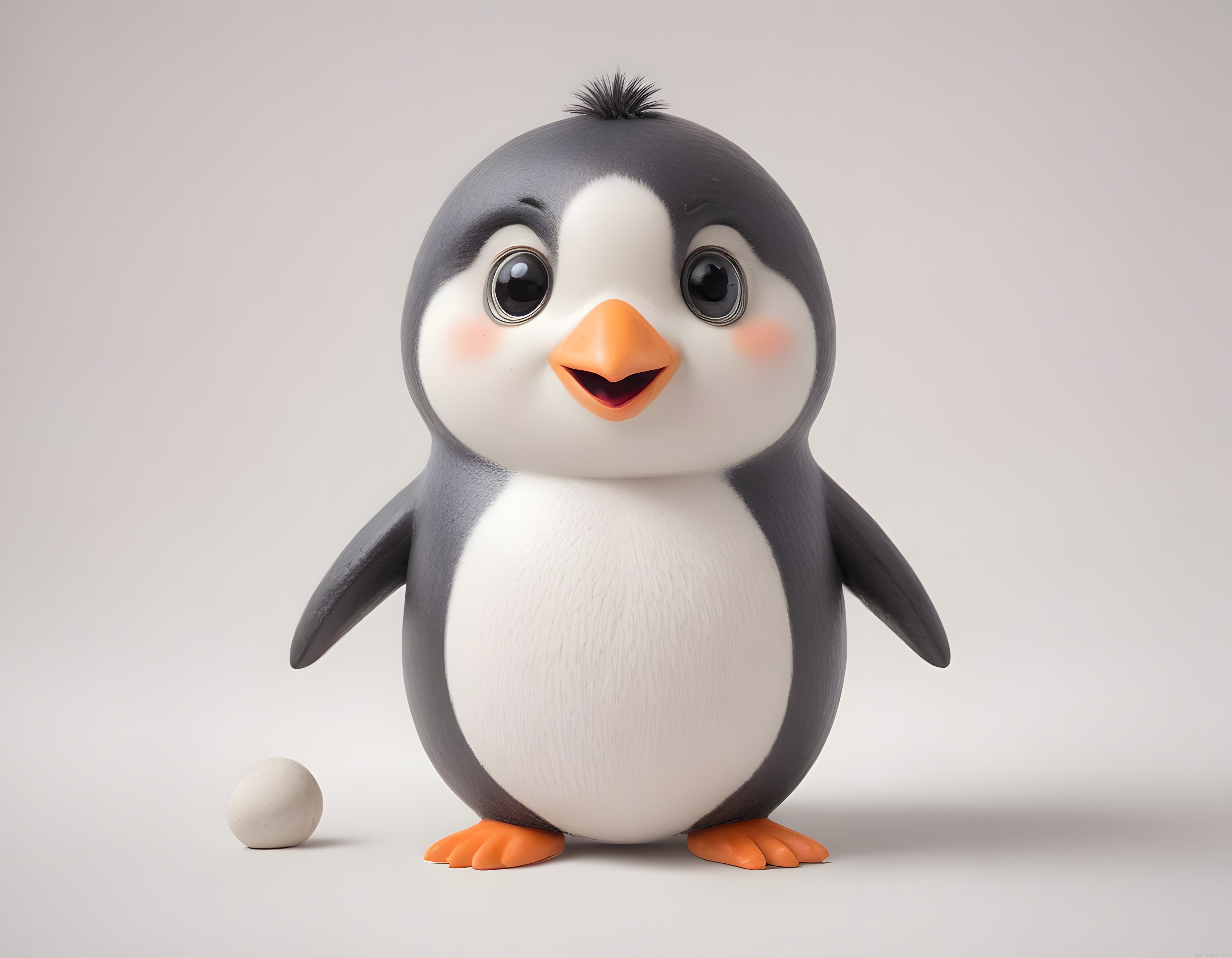 3D animasyon tarzında sevimli penguen yavrusu ve yanındaki beyaz yumurta