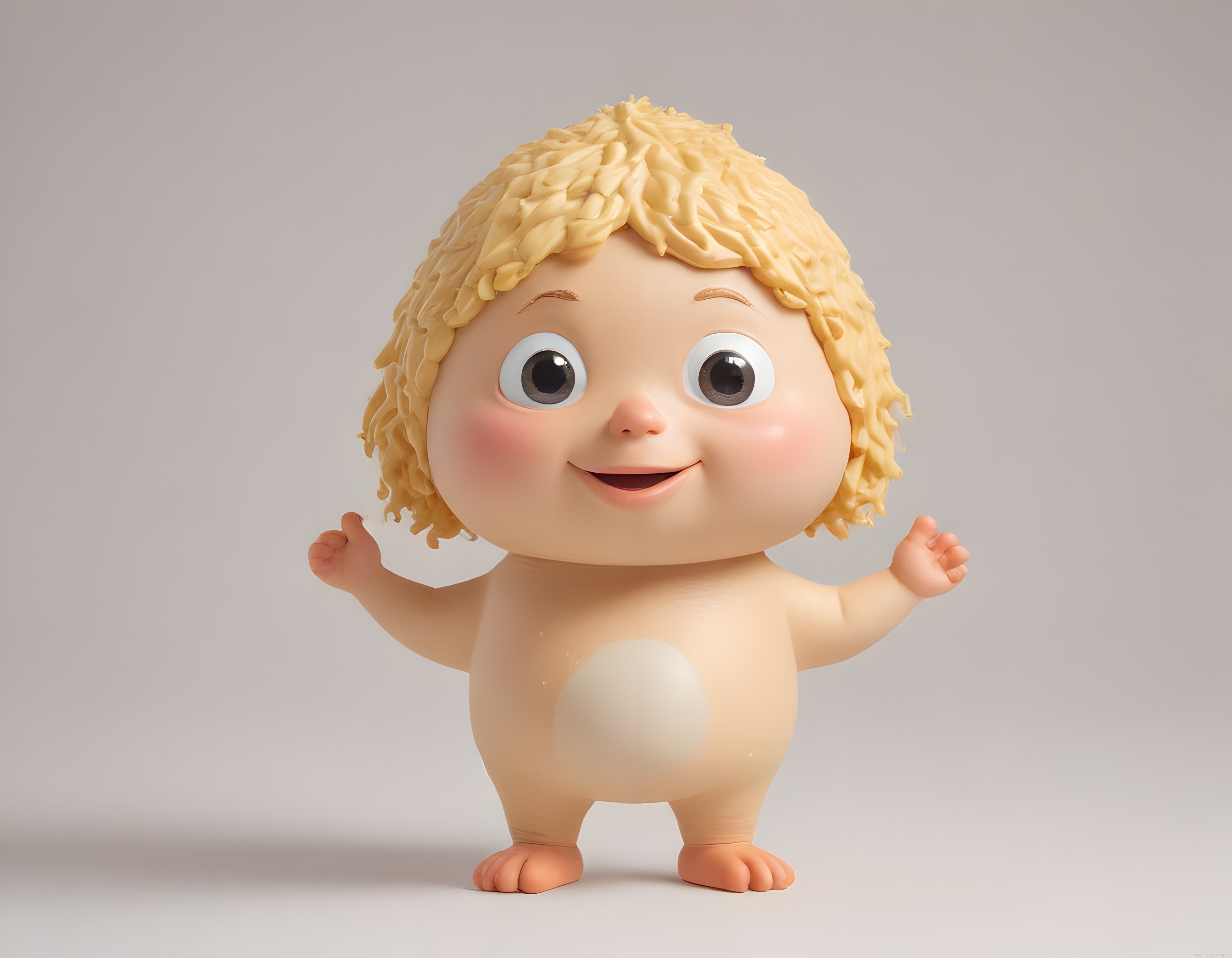 3d animasyon tarzında sevimli yumurta karınlı sarı saçlı bebek figürü