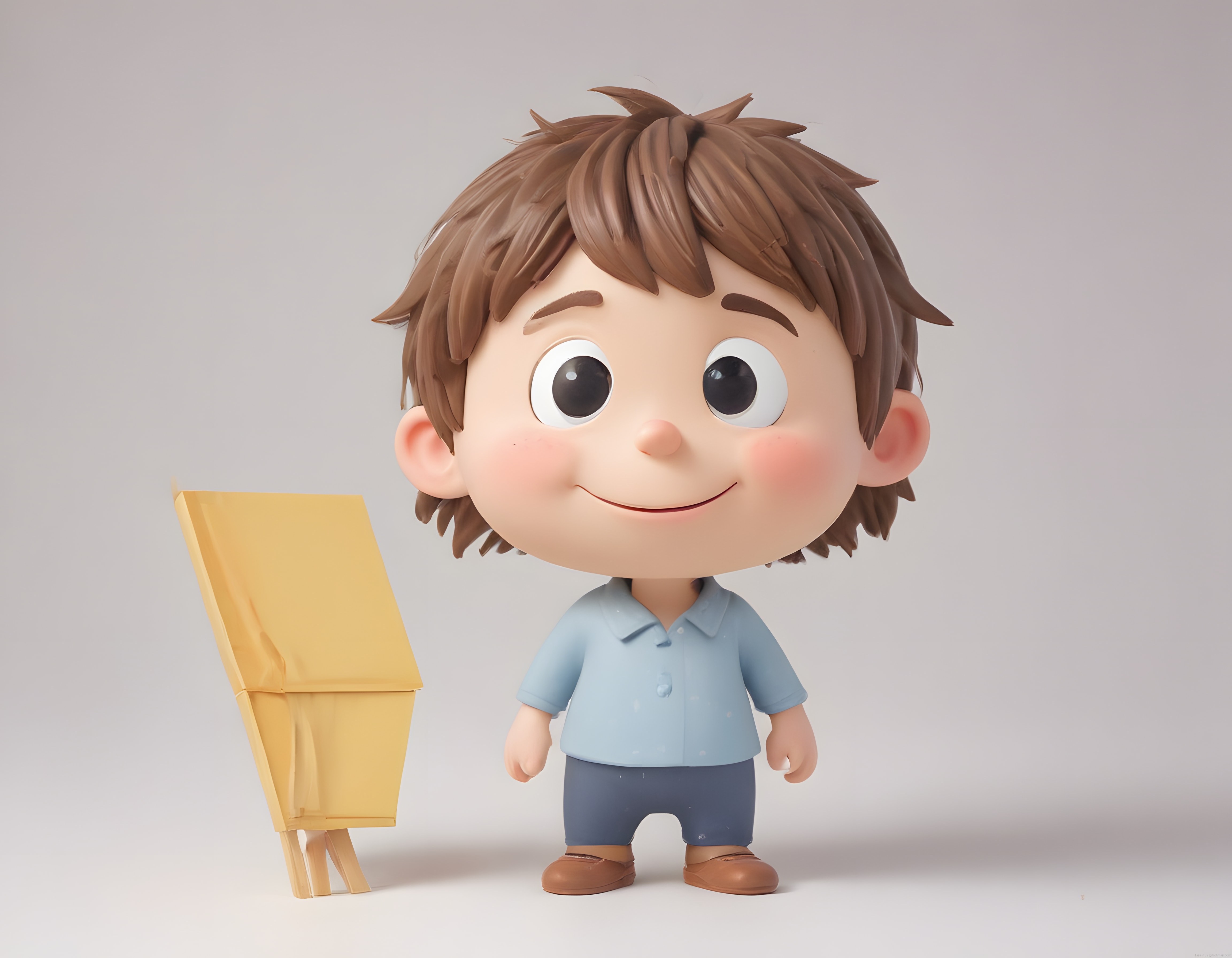 3D animasyon tarzında şövale yanında duran sevimli küçük çocuk karakteri