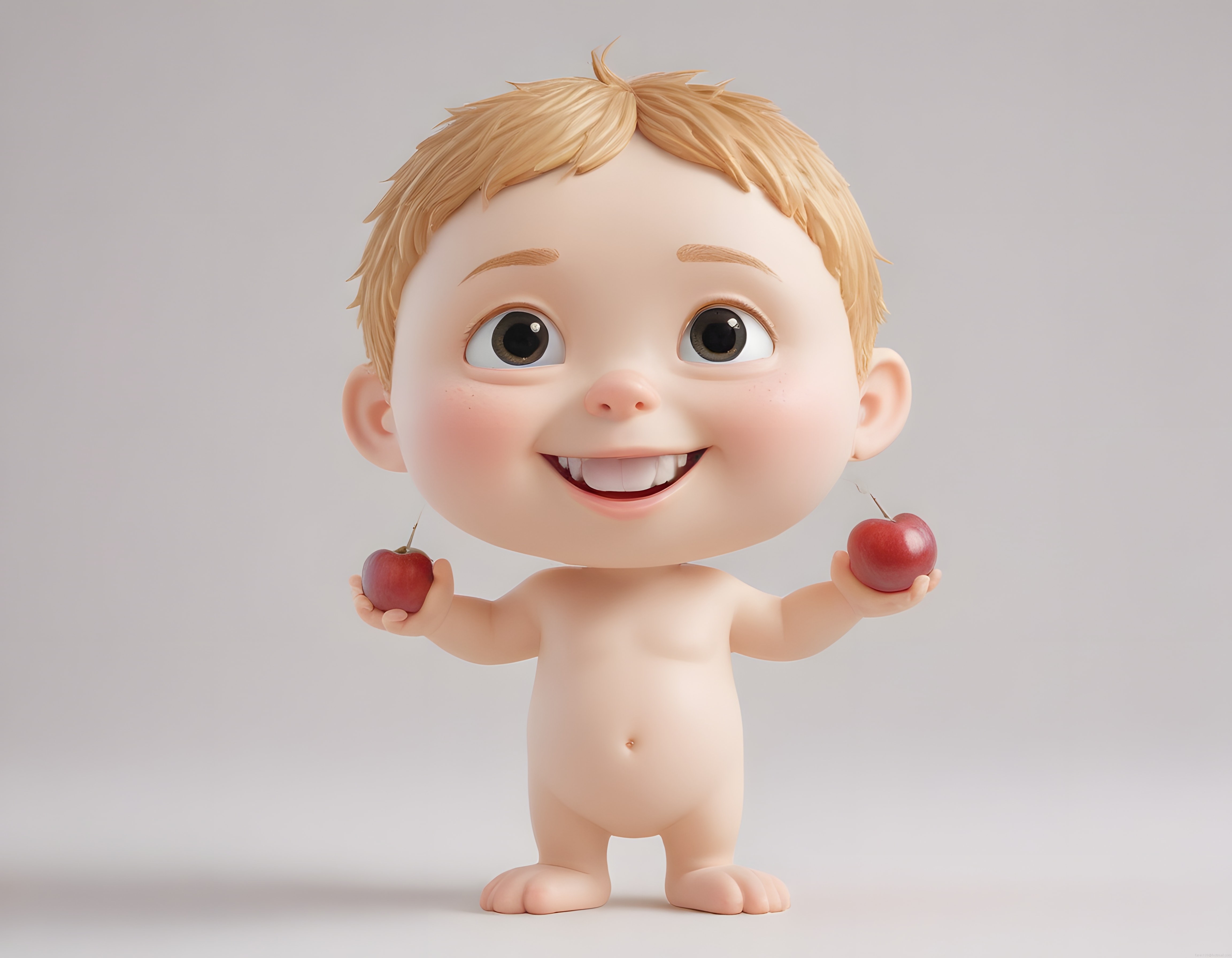 3D Animasyonlu Sevimli Bebek Karakteri İki Elma Tutarak Neşeyle Gülümsüyor