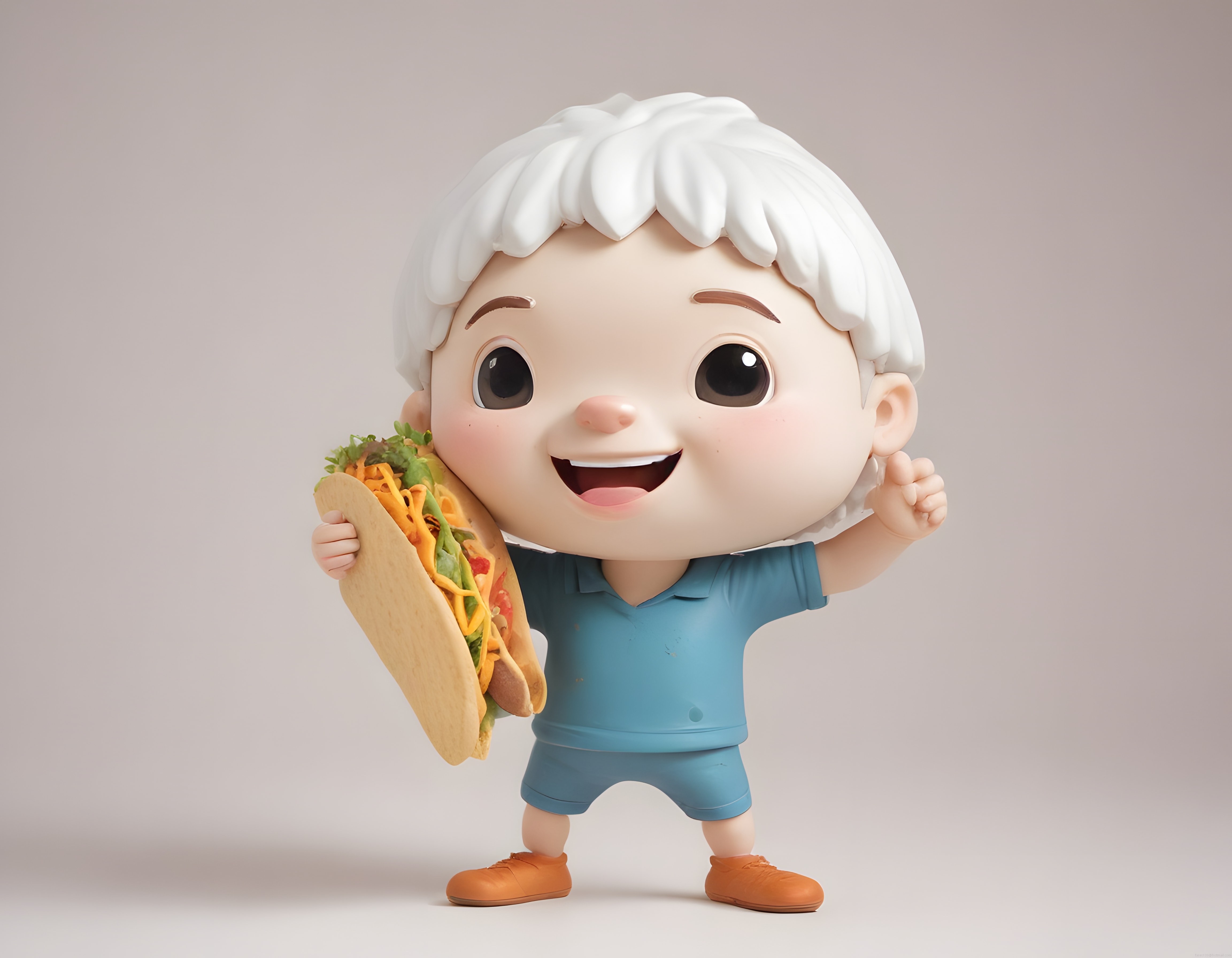3D Chibi Karakter: Elinde Taco Tutan Mutlu Sevimli Beyaz Saçlı Çocuk Figürü