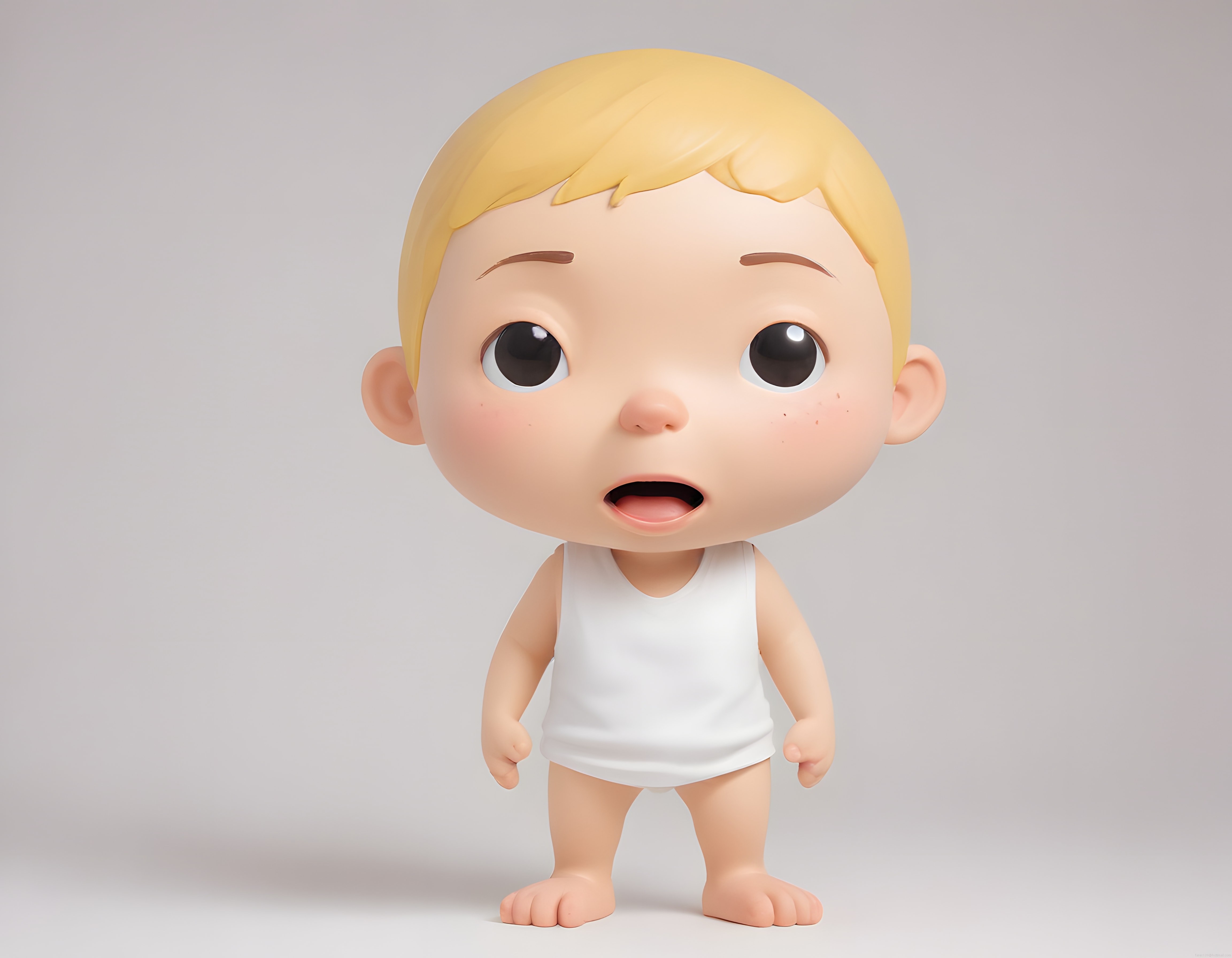 3D Chibi Tarzında Sarı Saçlı Büyük Gözlü Şaşkın Bebek Karakteri Görseli