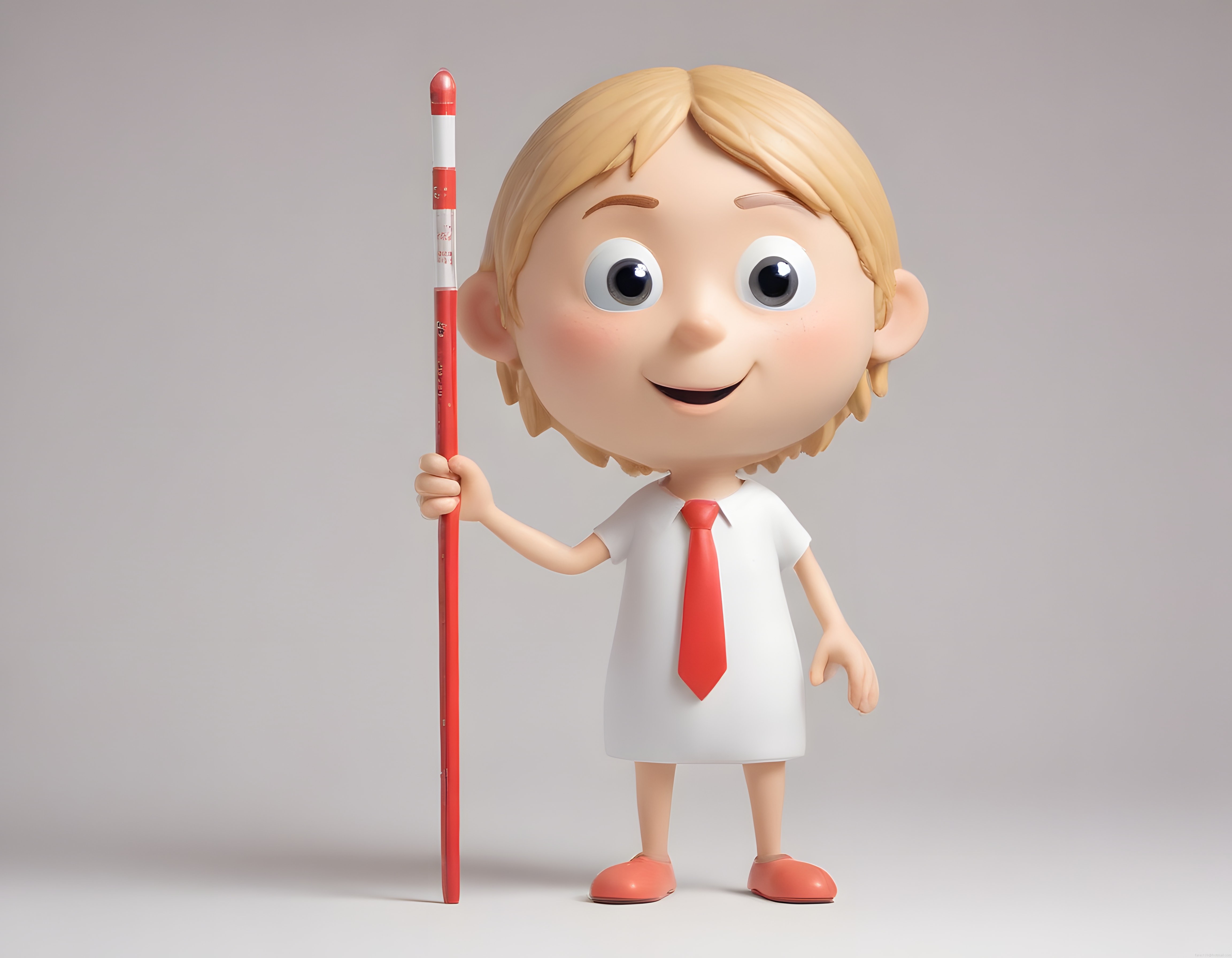 3D Çizgi Film Tarzında Büyük Gözlü Sevimli Okul Çocuğu ve Kırmızı Kalemi