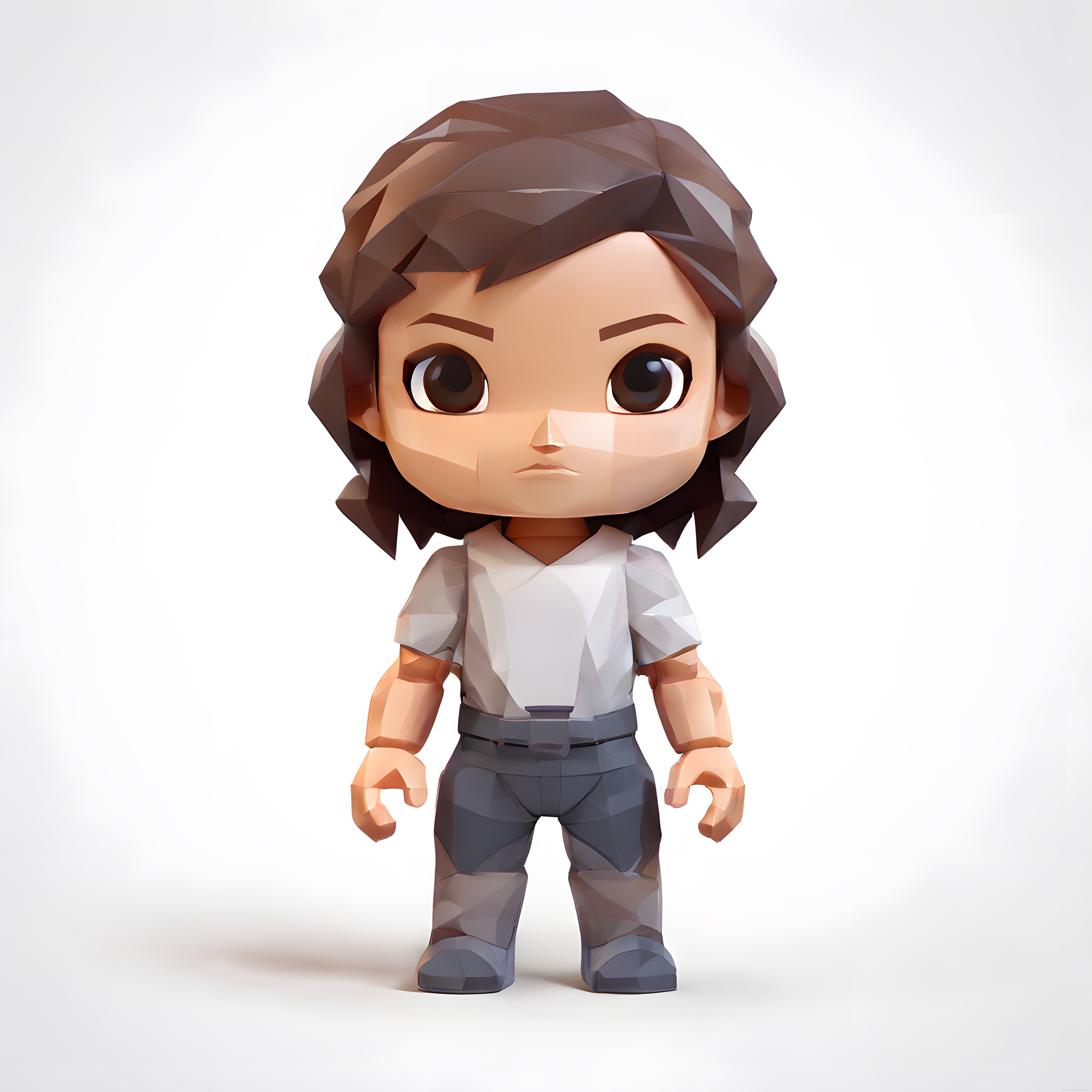 3D Düşük Poligon Chibi Karakter: Ciddi İfadeli Erkek Figür ve Oyun Modeli
