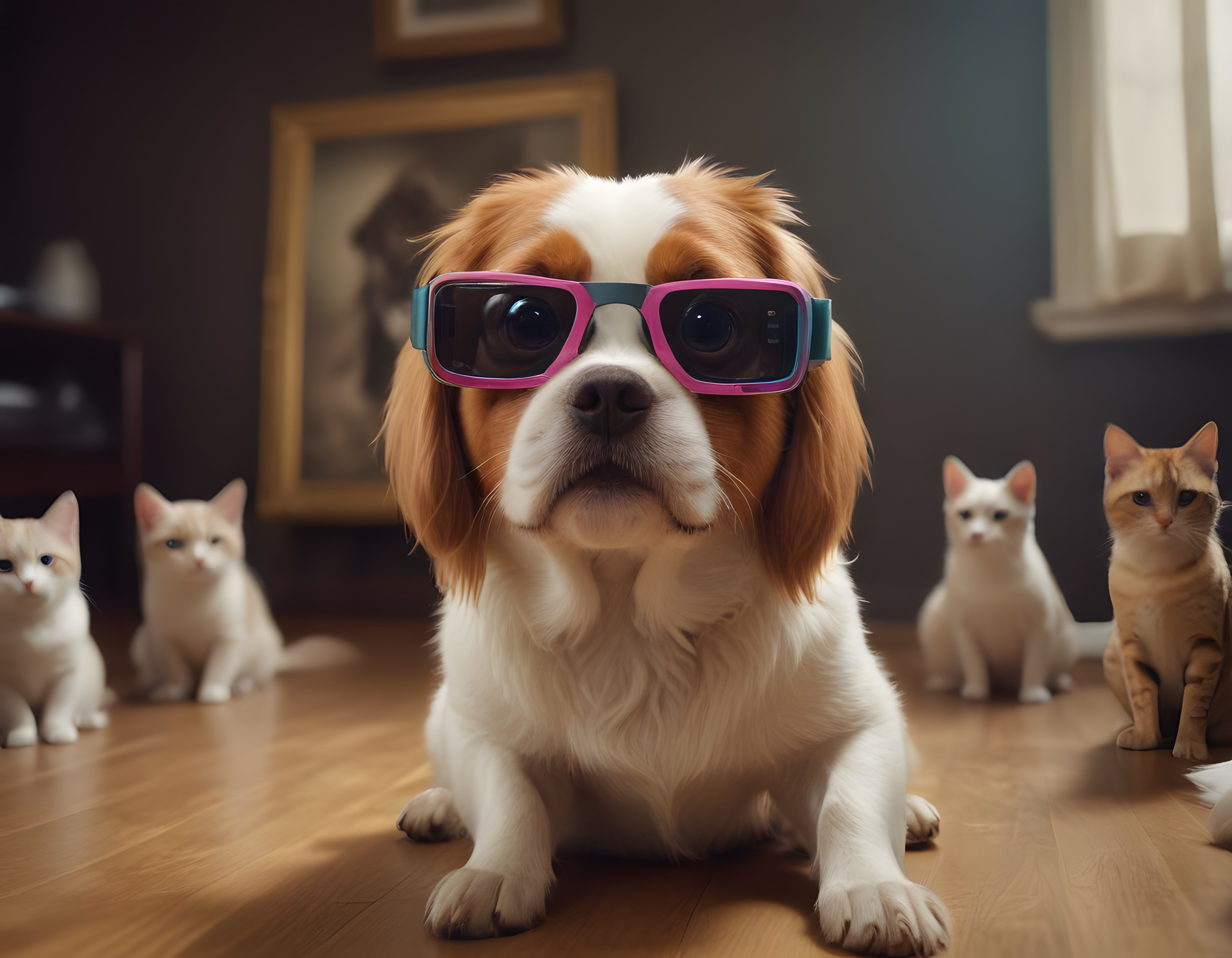 3d gözlüklü sevimli köpek ve arkasında merakla izleyen kedilerin komik pozu