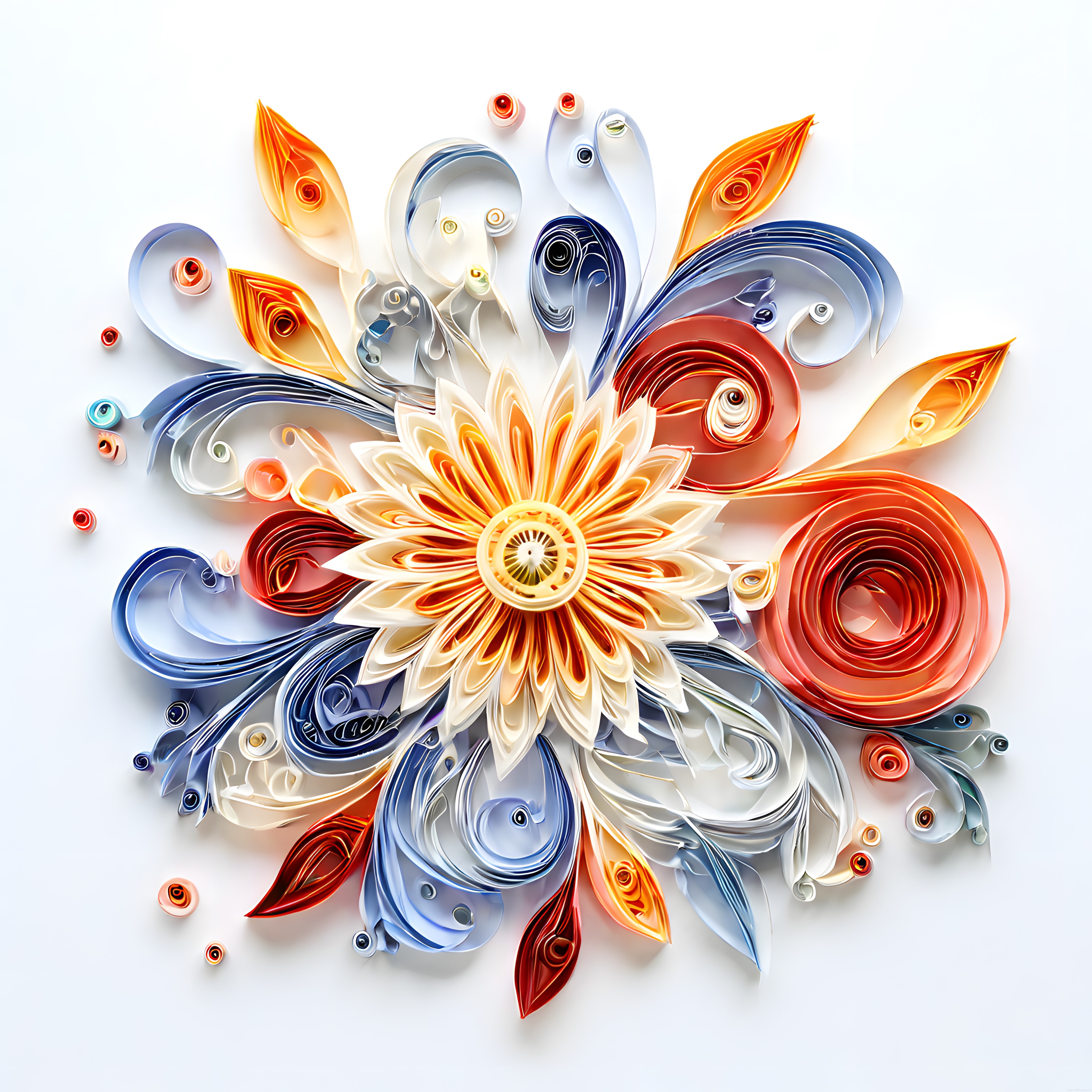 3D Kağıt Quilling ile Tasarlanmış Abstrakt Renkli Çiçek ve Yaprak Süslemesi