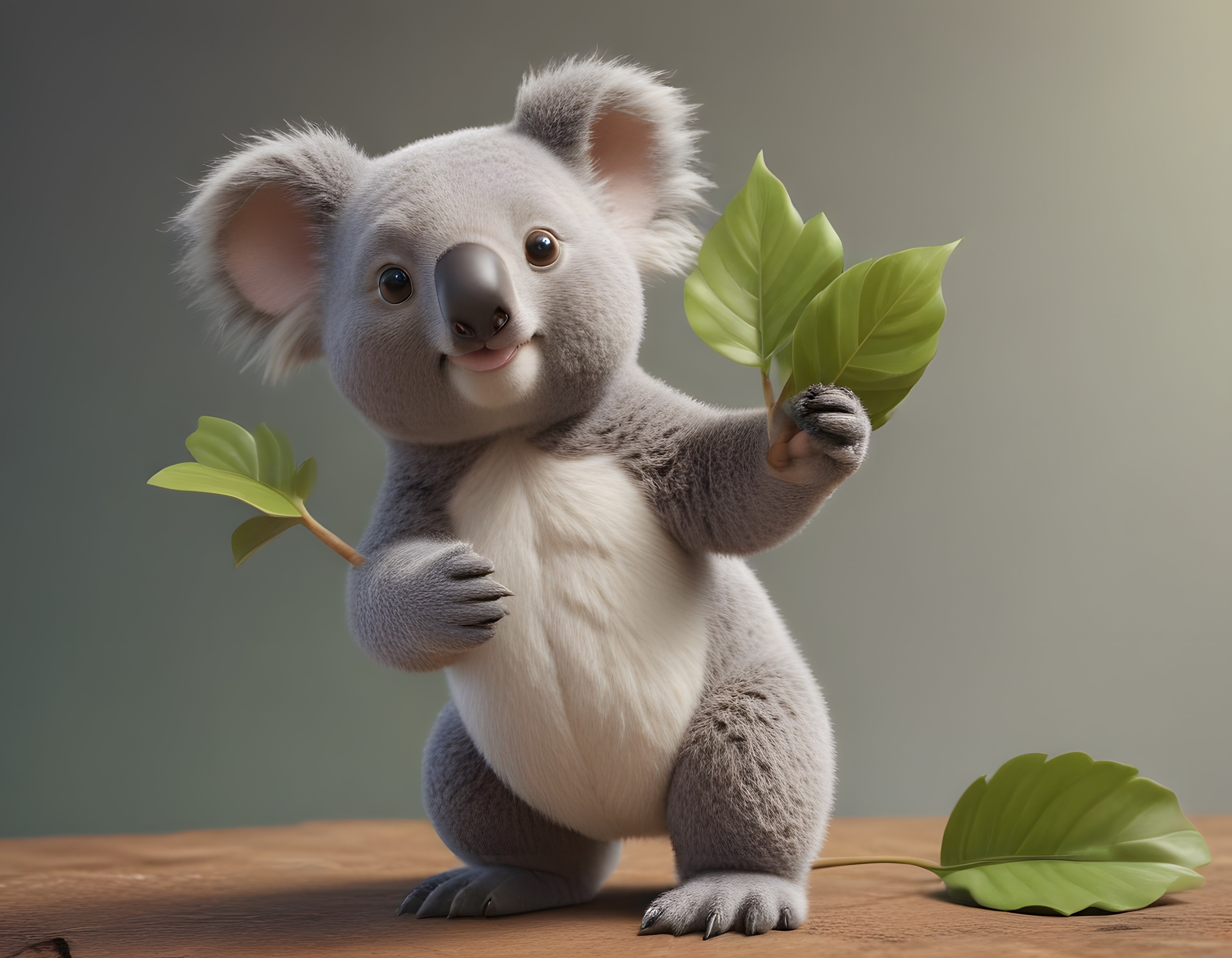 3D Koala Karakteri: Yaprak Tutan Sevimli ve Gerçekçi Dijital Animasyon Figürü