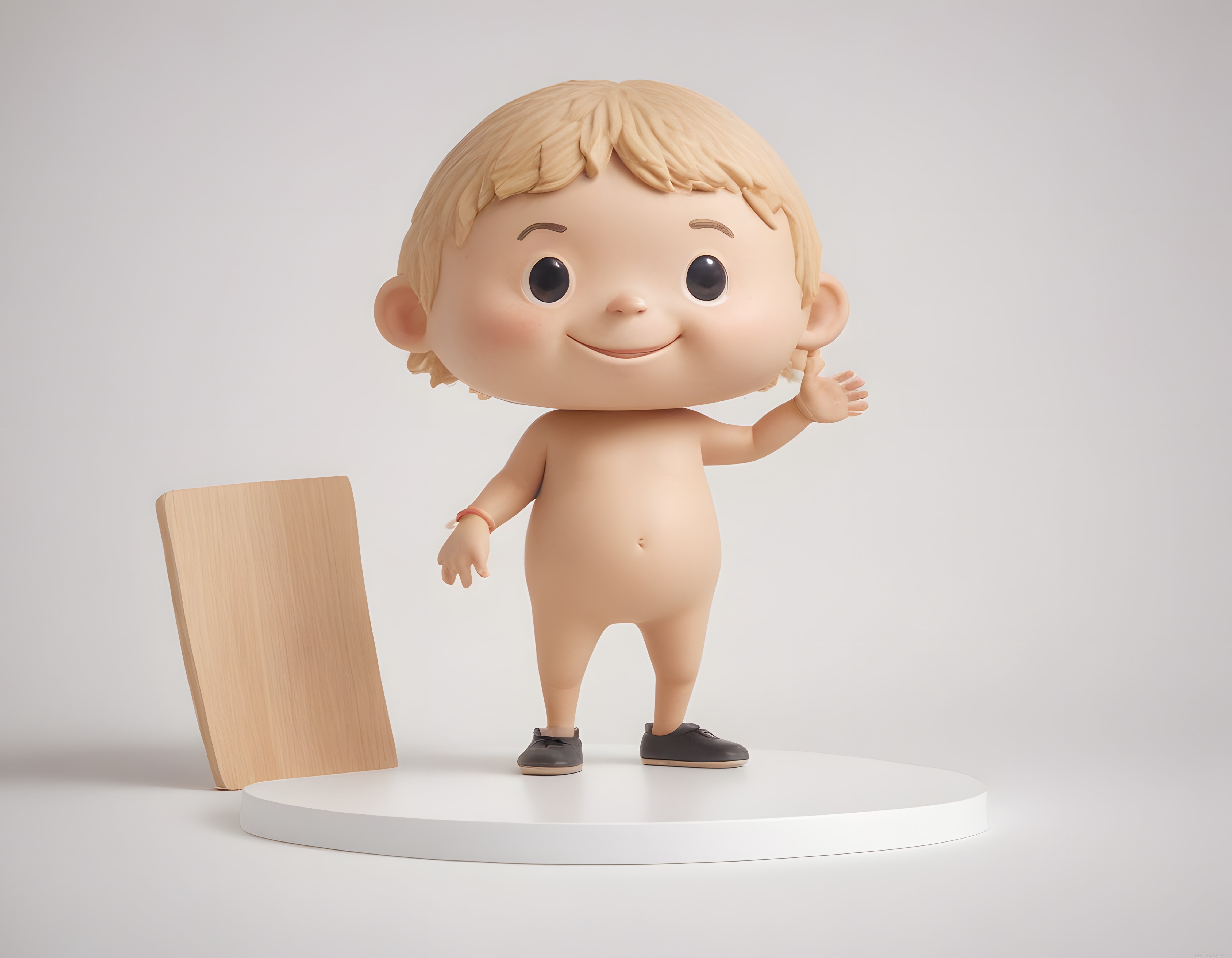 3D Modellenmiş Sevimli Karakter Figürü ve Ahşap Panolu Minimal Sergi Alanı
