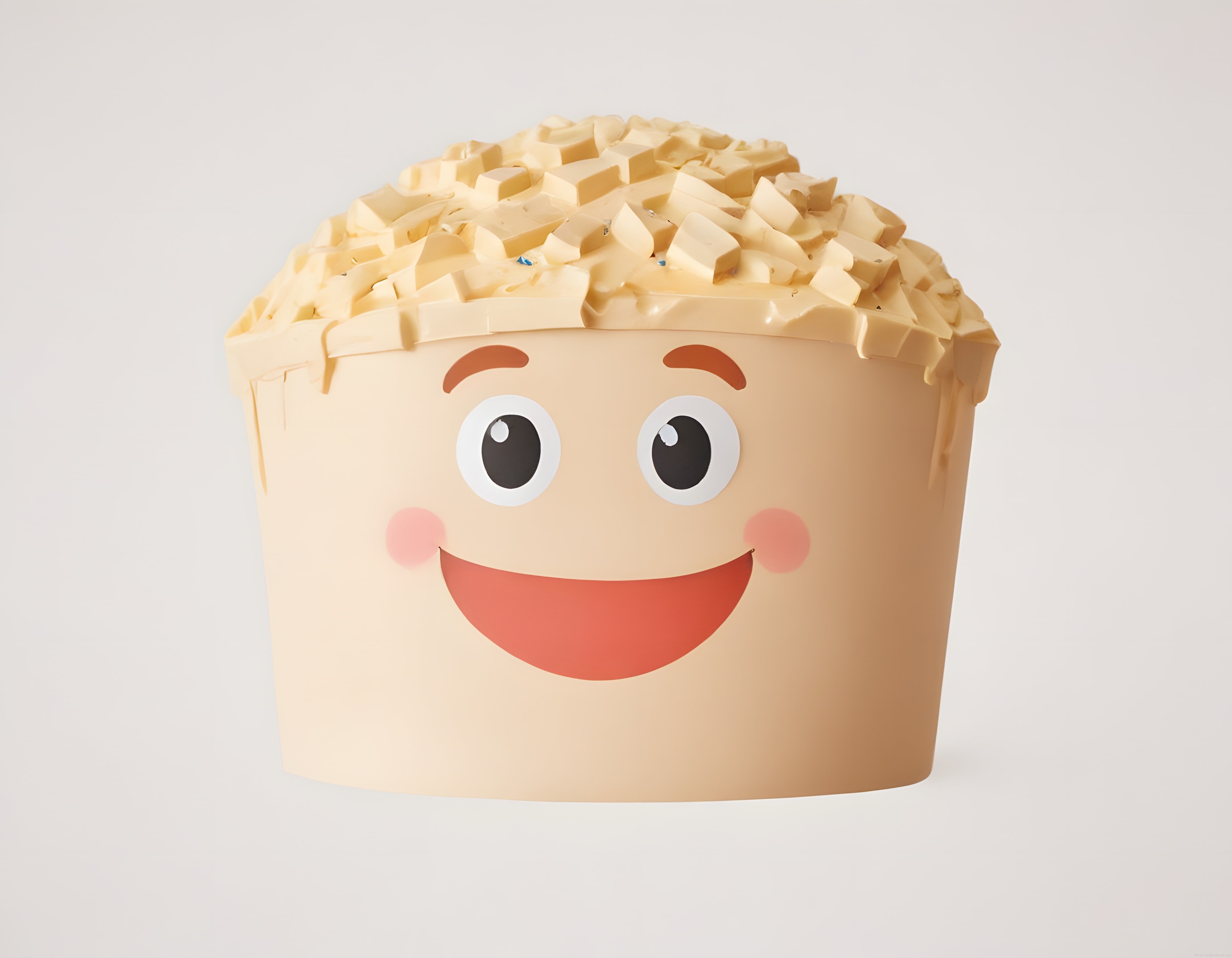 3D Popcorn Kova Karakteri: Gülümseyen Sevimli Yüz ve Krem Rengi Tasarım