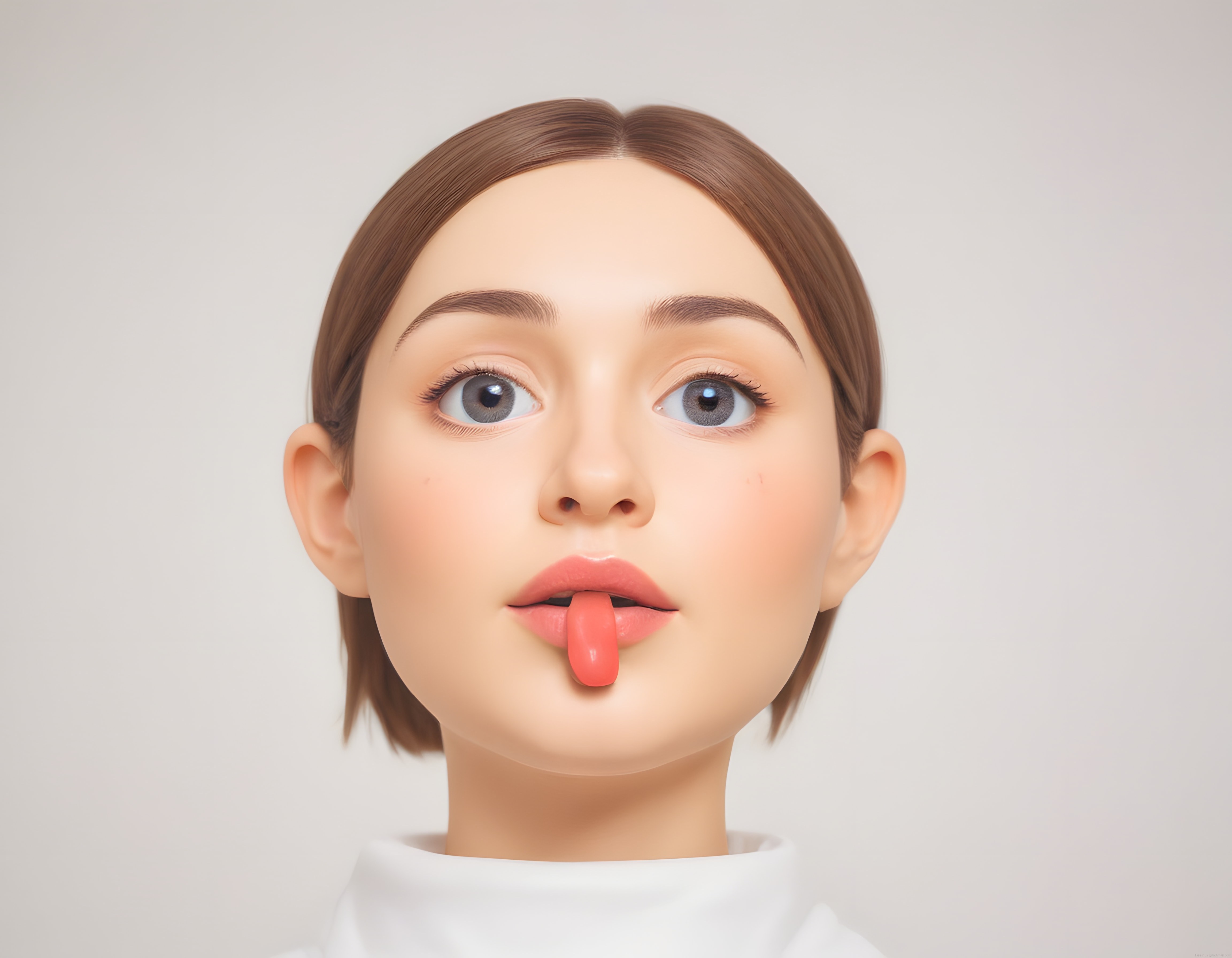 3D render animasyon kız karakteri dilini çıkararak komik ve sevimli poz veriyor