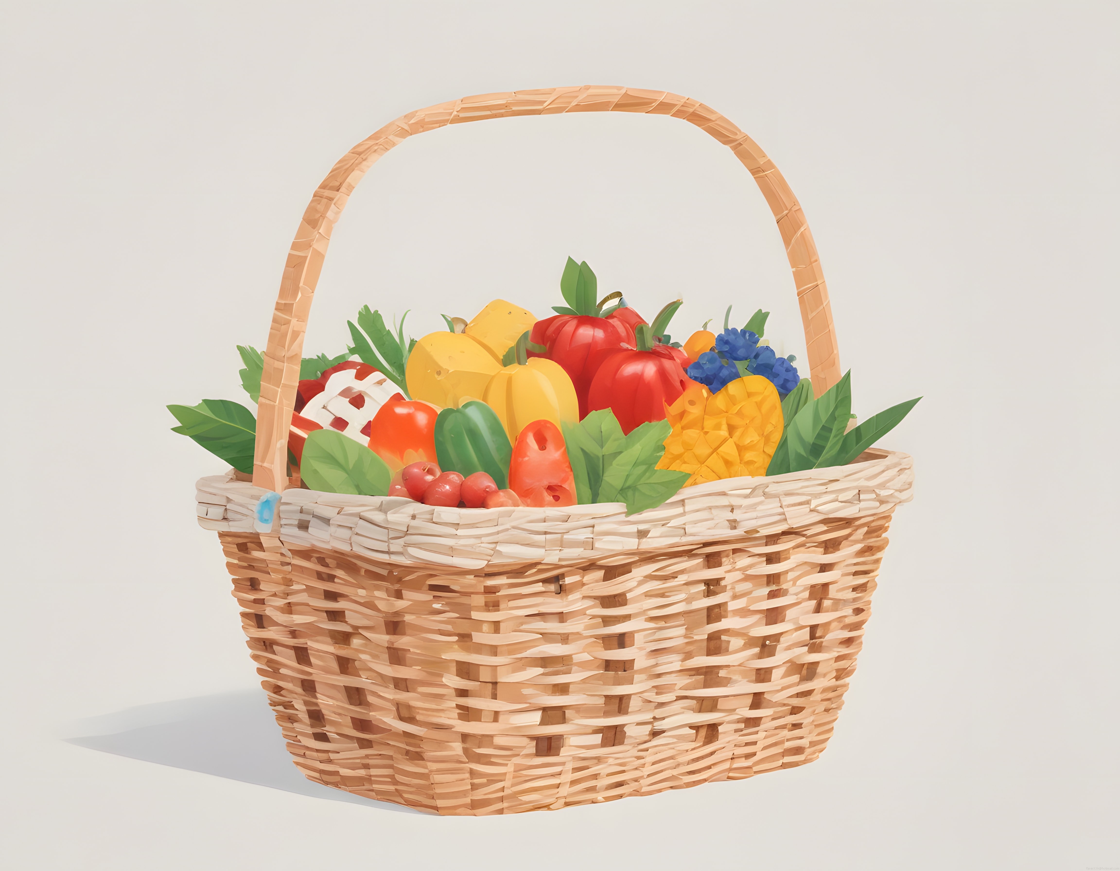 3D Render Hasır Sepette Taze Ananas ve Renkli Yaz Meyveleri Aranjmanı