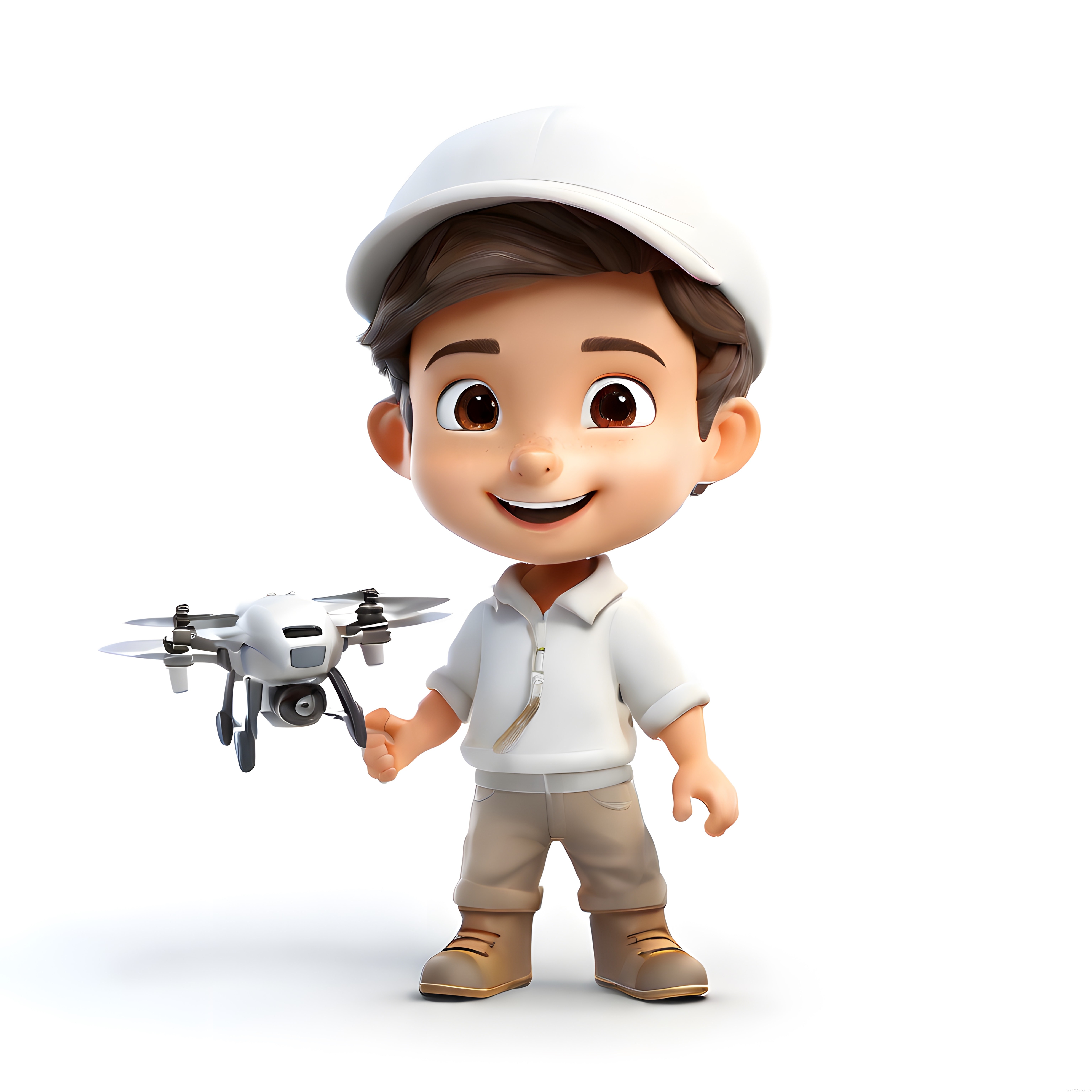 3D render işçi karakteri drone pilotu baretli uçan dronlu çizgi film figürü