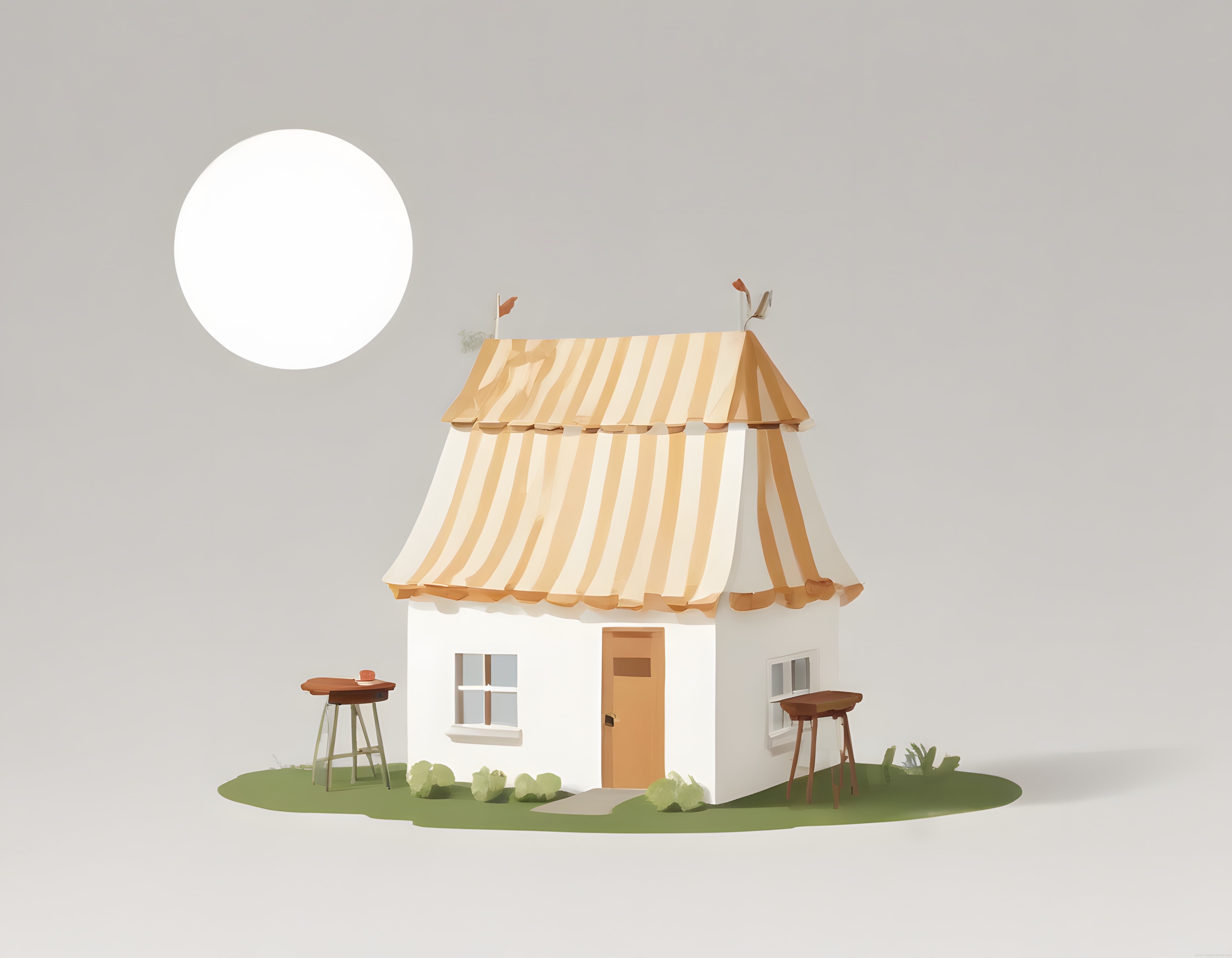 3D Render Masalsı Çizgi Film Evi ve Minimalist Bahçe Dekorasyonu