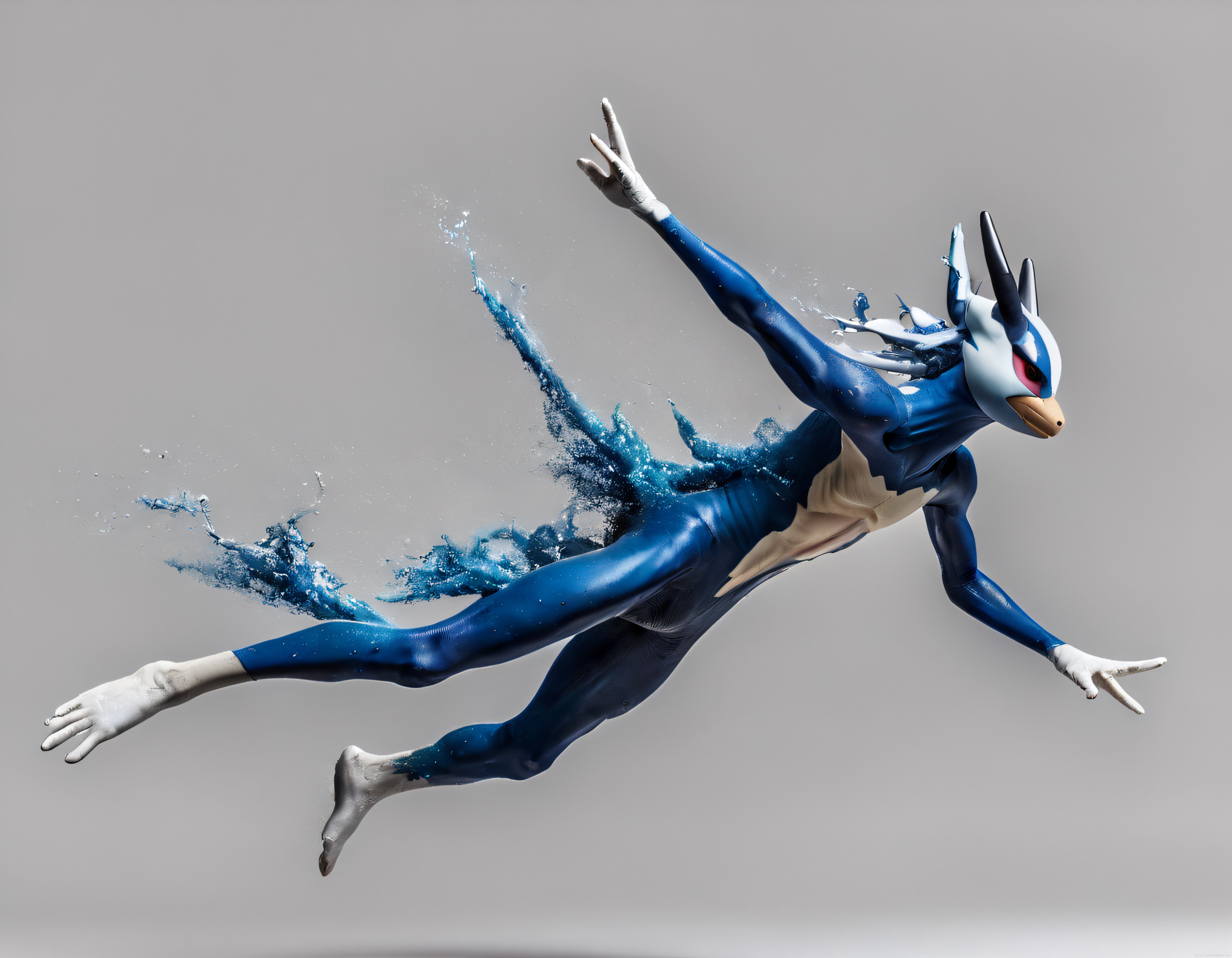 3D Render Mavi Ninja Karakter Dinamik Sıçrama Pozu ve Su Efektleri